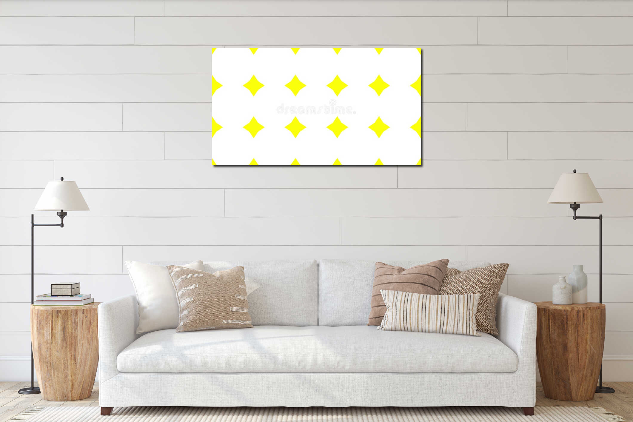 3D rendering of a seamless yellow diamonds on a white background interior mockup