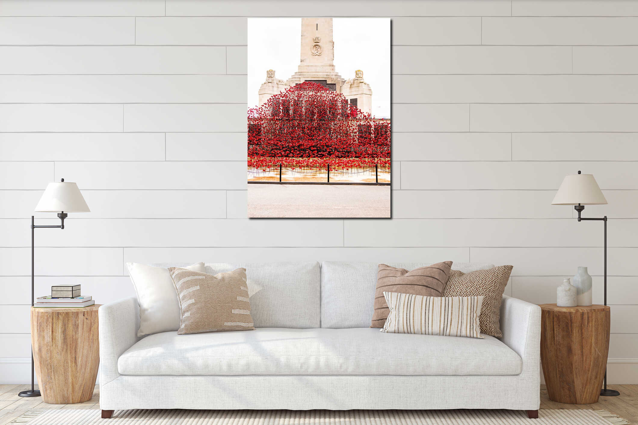 Vertical shot of a wave of ceramic poppies in Plymouth Hoe Navy War Memorial interior mockup