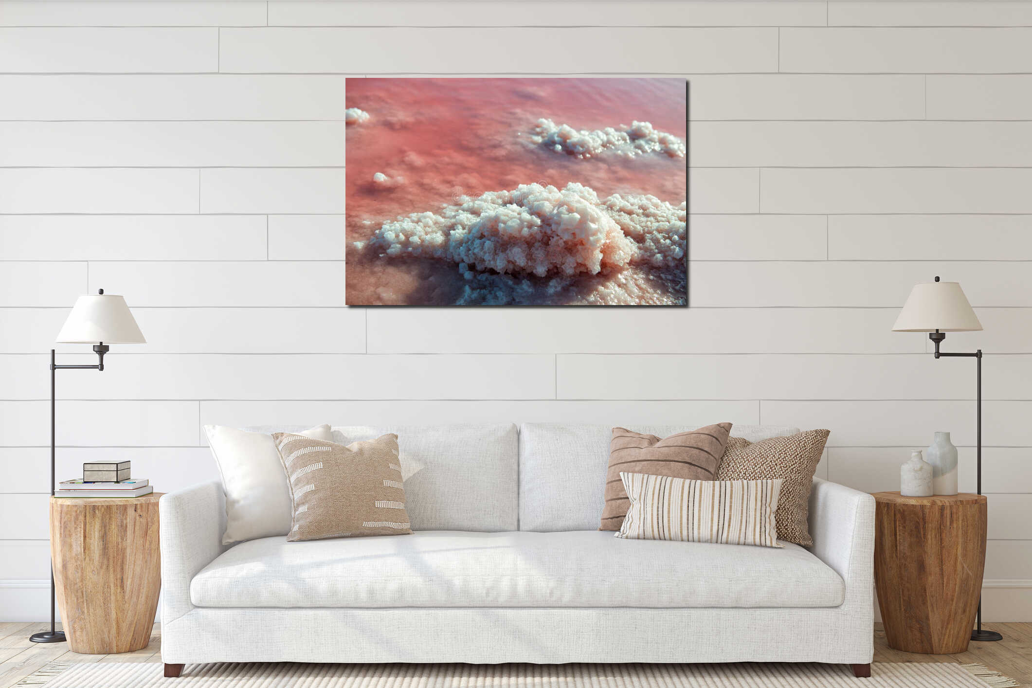 Salt mining industry. Salty pink lake with crystals of salt. Extremely salty pink lake, colored by microalgae with crystalline interior mockup