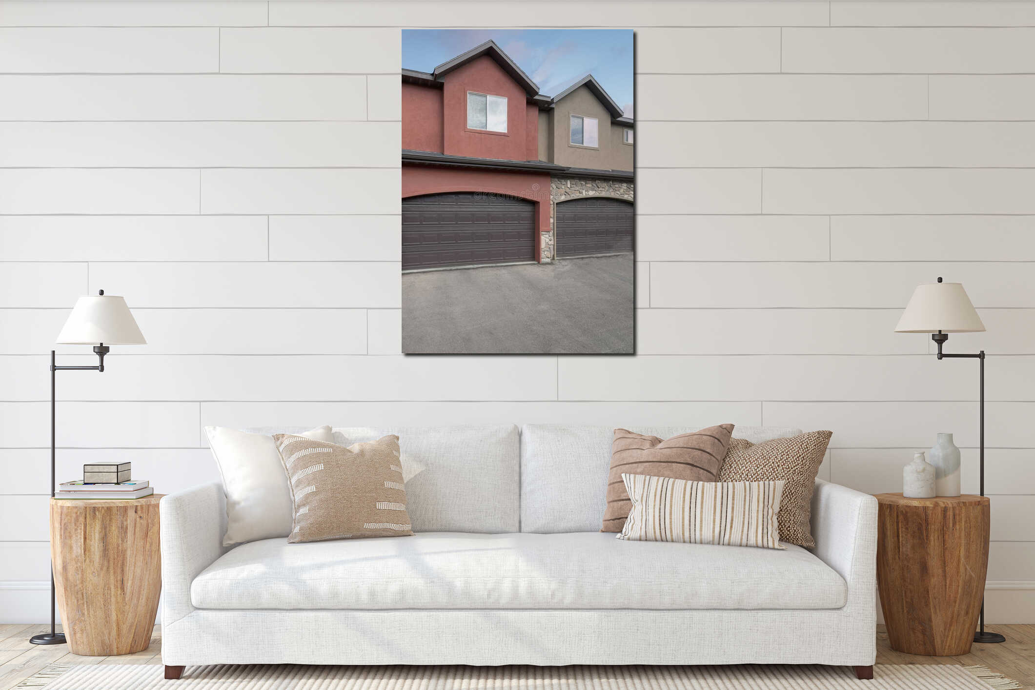 Vertical Puffy clouds at sunset Townhouse exterior with garage and sliding glass windows interior mockup