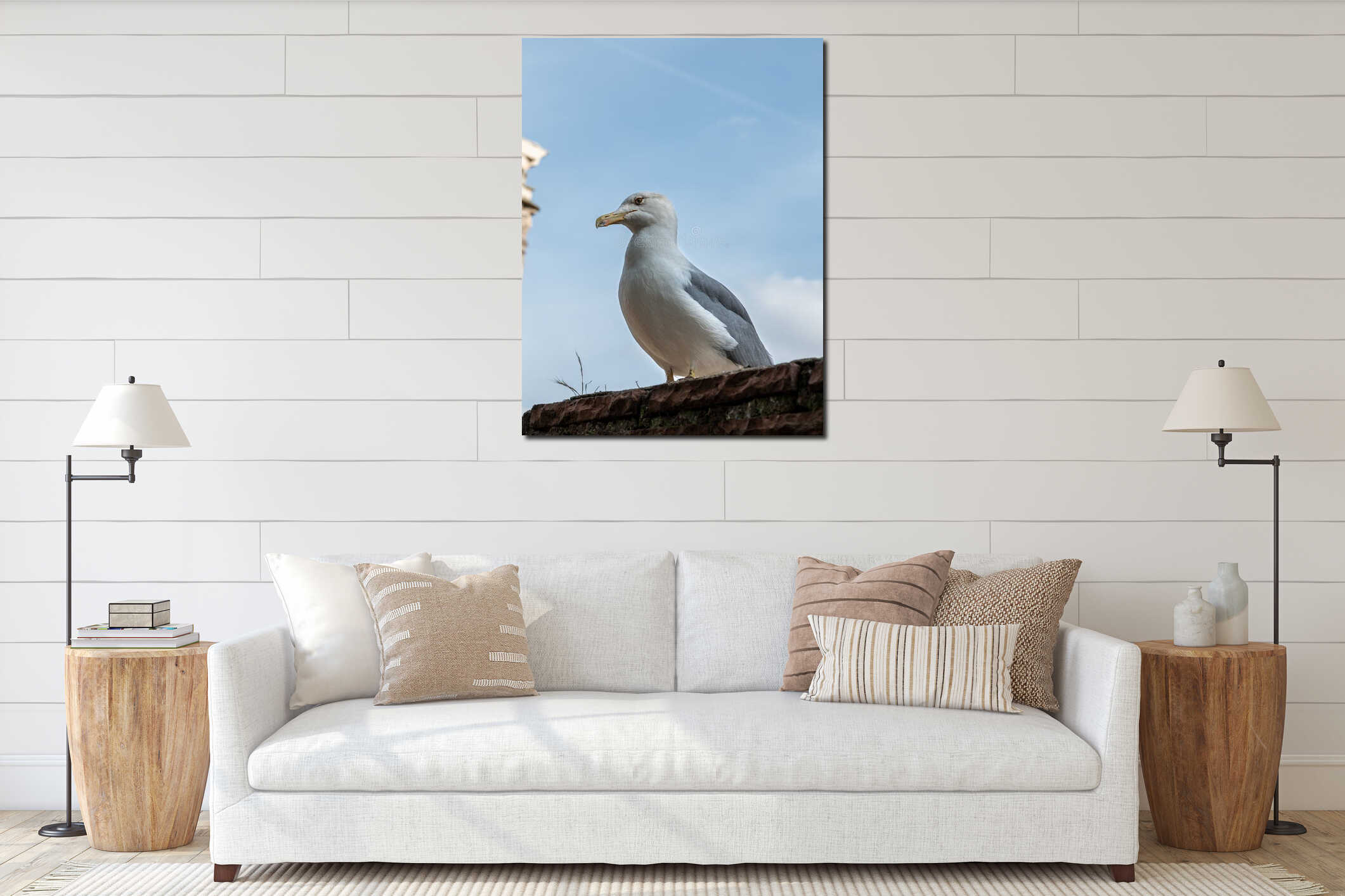 a seagull sits on the ruins of ancient red brick walls outdoors interior mockup