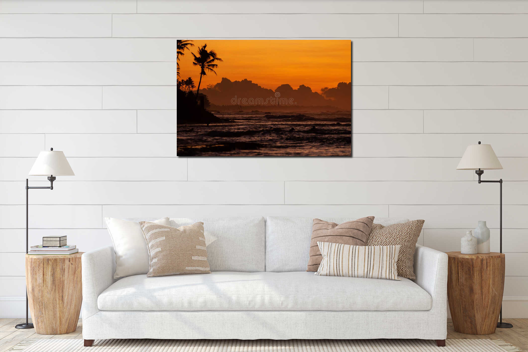 A closeup shot of silhouettes of palm trees near the sea at sunset interior mockup