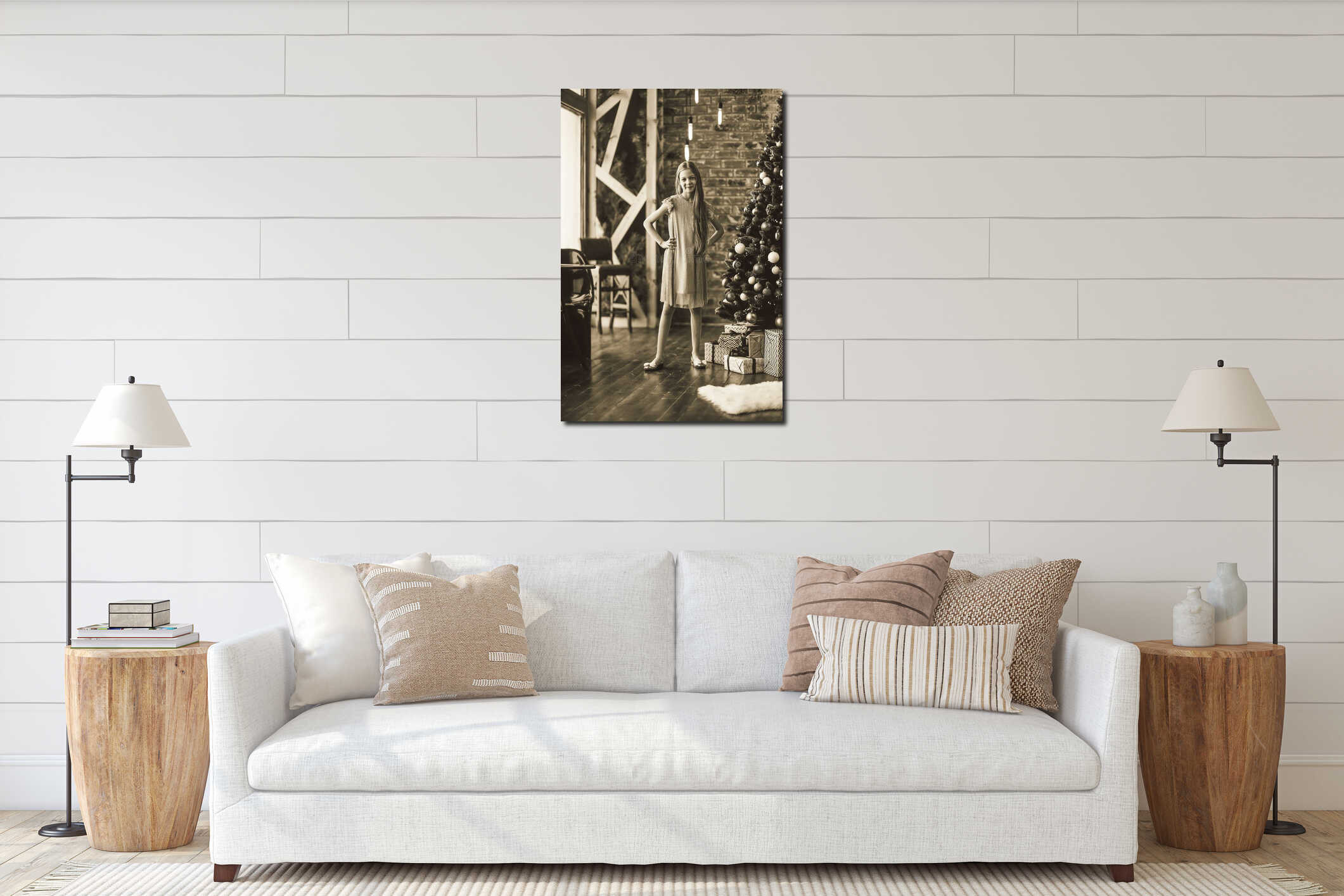 in full growth. cute girl standing in decorated living room. black and white photo interior mockup