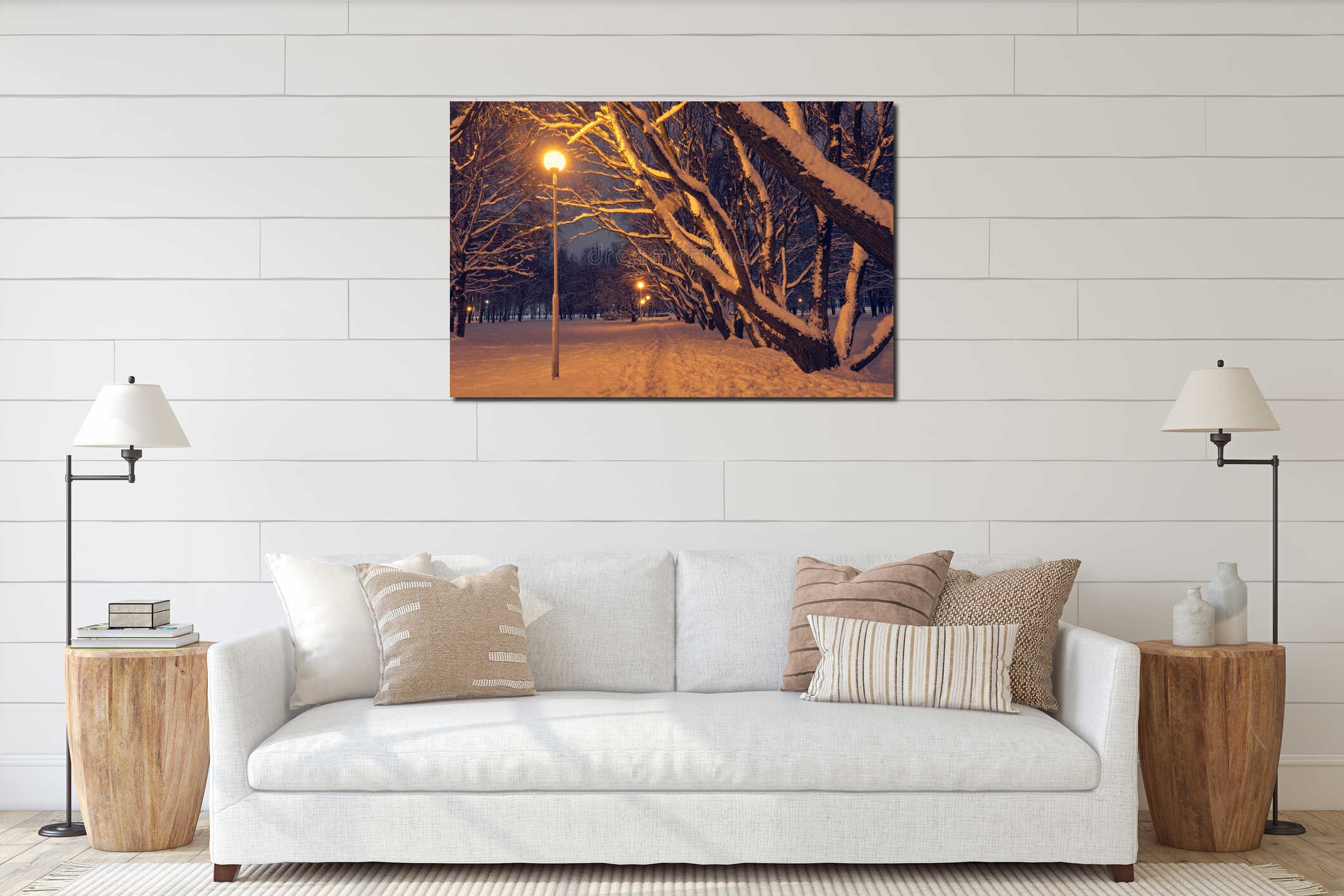 A cozy romantic view of the evening winter city park, the paths are cleared, the trees are covered with snow, the warm light. interior mockup