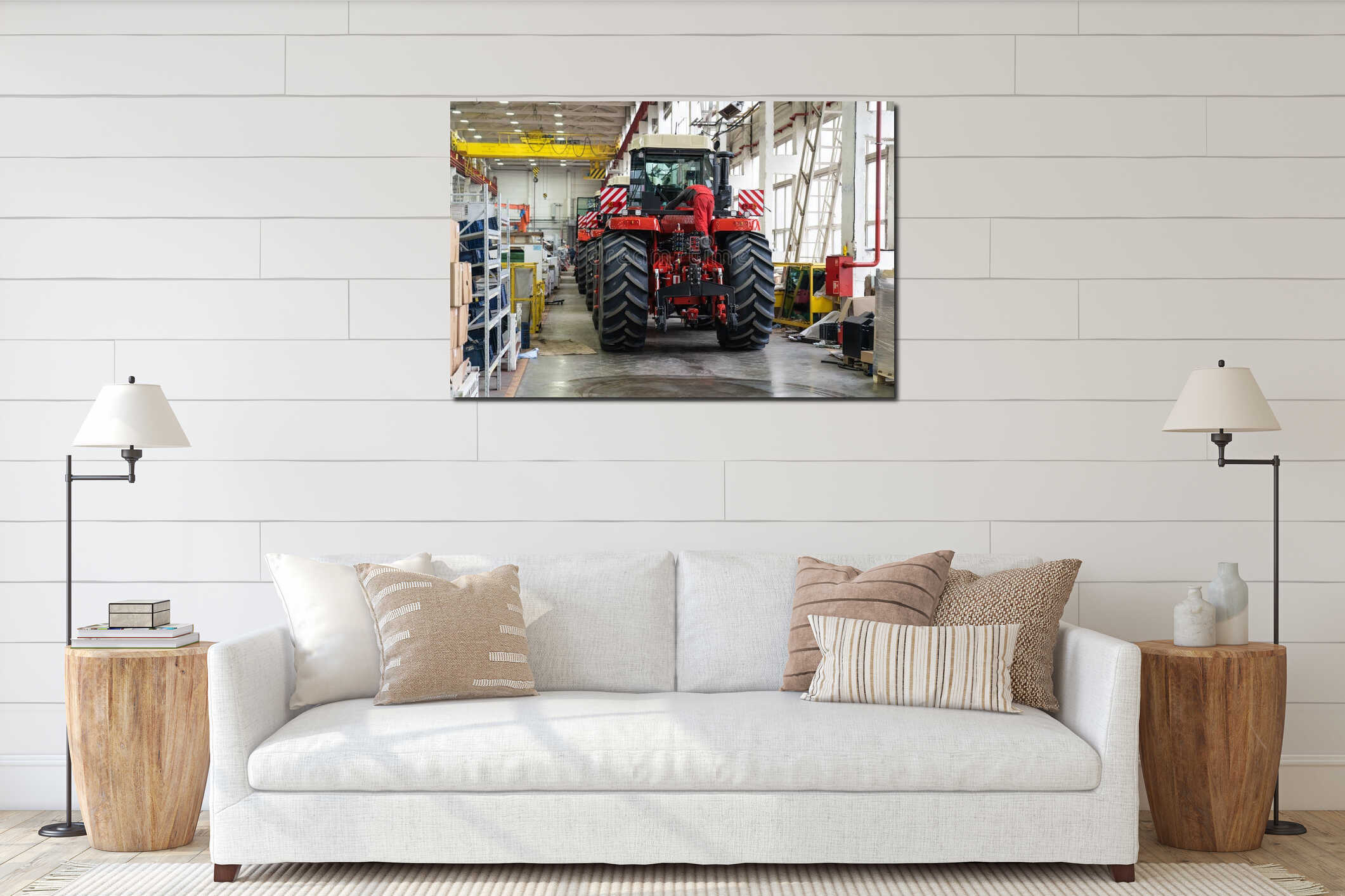 Large factory building interior inside. Production line of new modern agriculture machinery interior mockup