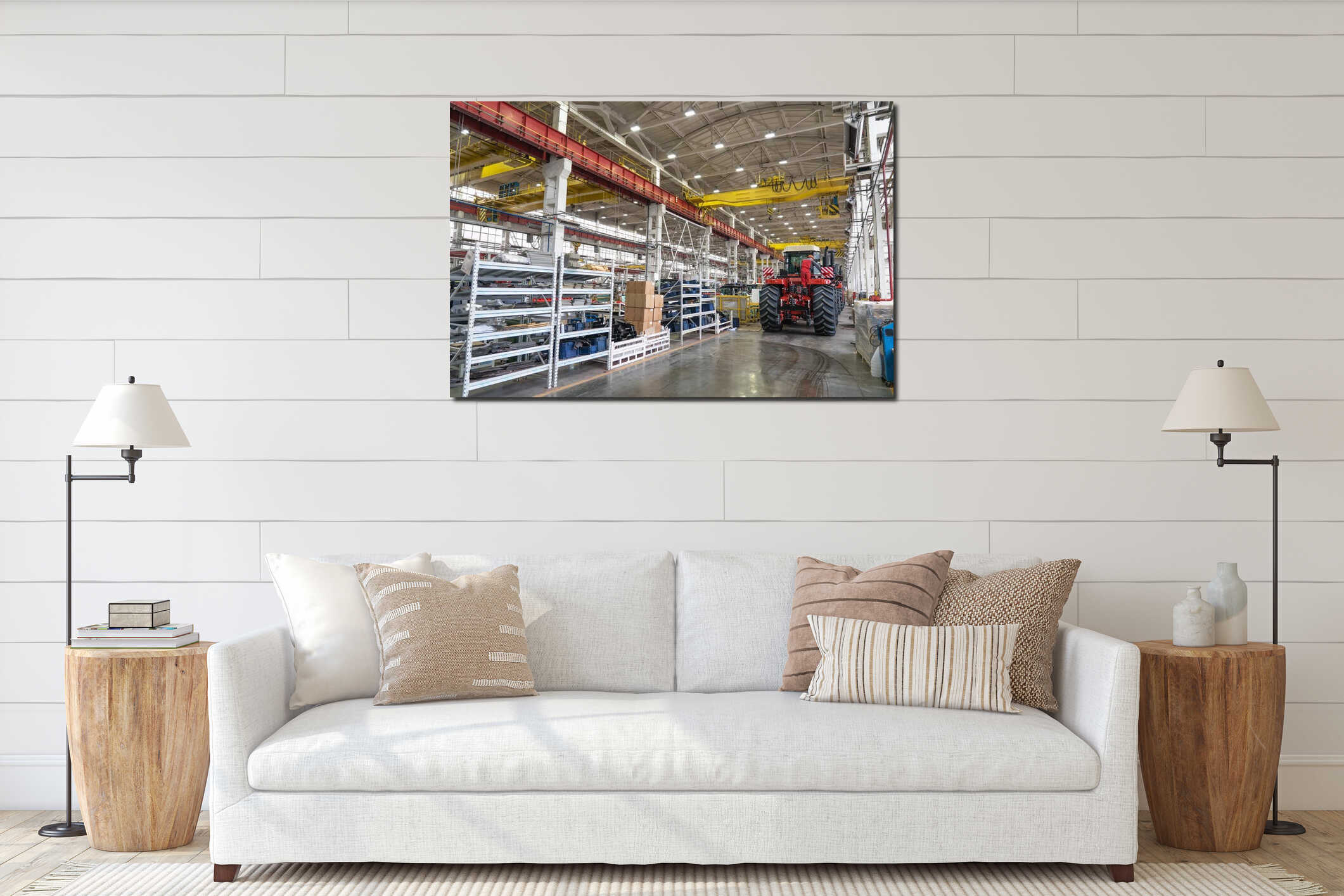 Large factory building interior inside. Production line of new modern agriculture machinery interior mockup