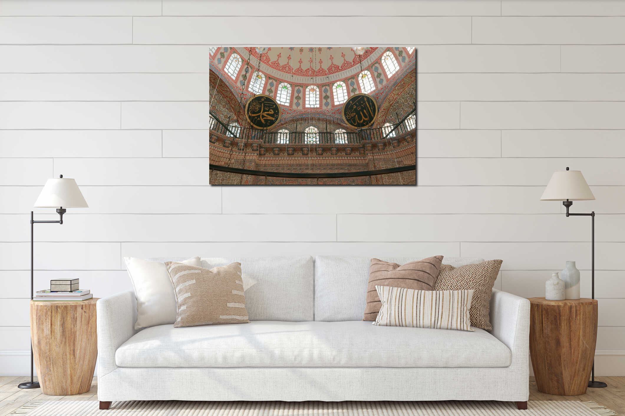 Islamic background photo. Eminonu New Mosque or Yeni Cami interior mockup