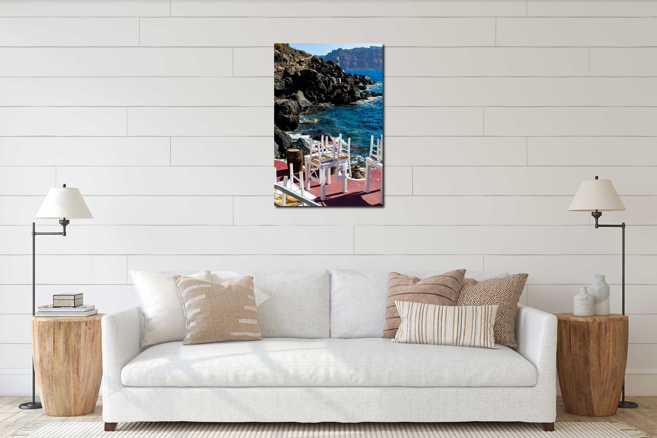 Restaurant near rocky cliffs at the sunlit seascape on a sunny morning interior mockup