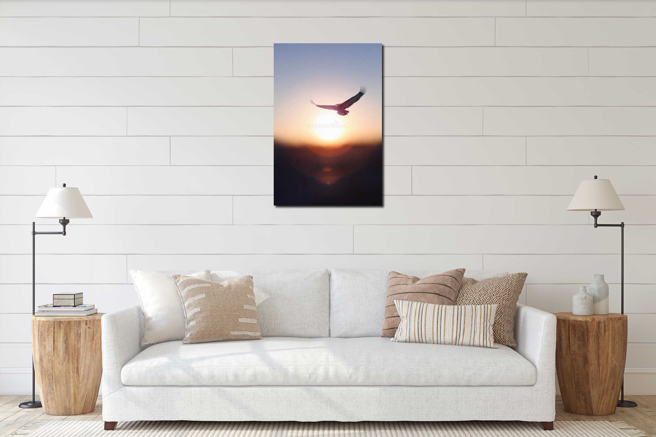 New year bright rising sun and sunrise background and eagle flying in the sky interior mockup