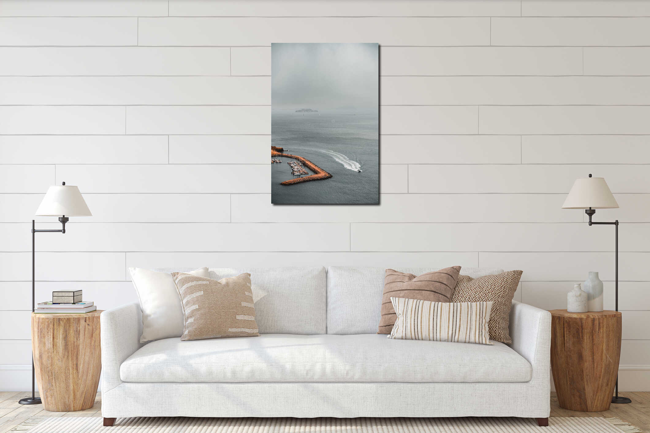 Aerial vertical view of boats at the harbor on a foggy day interior mockup