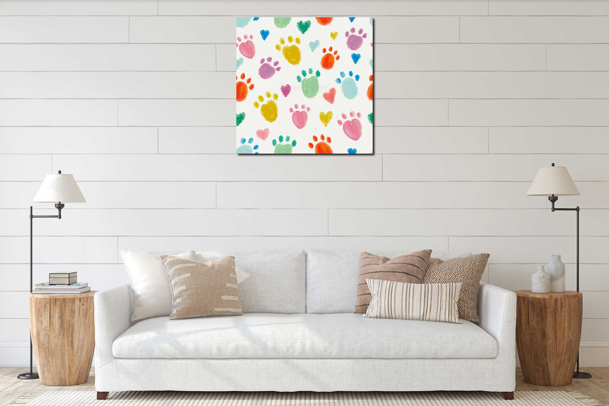 Colorful cute paw prints seamless fabric design pattern interior mockup