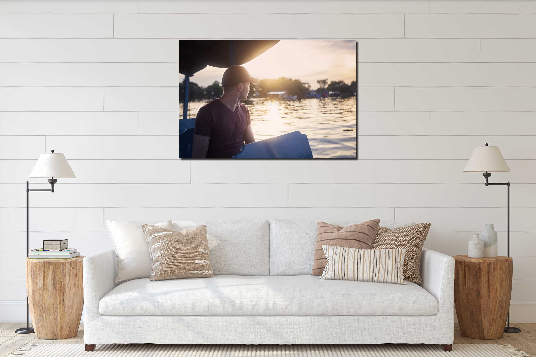 Portrait of man on tourist boat floating on lake at sunset interior mockup