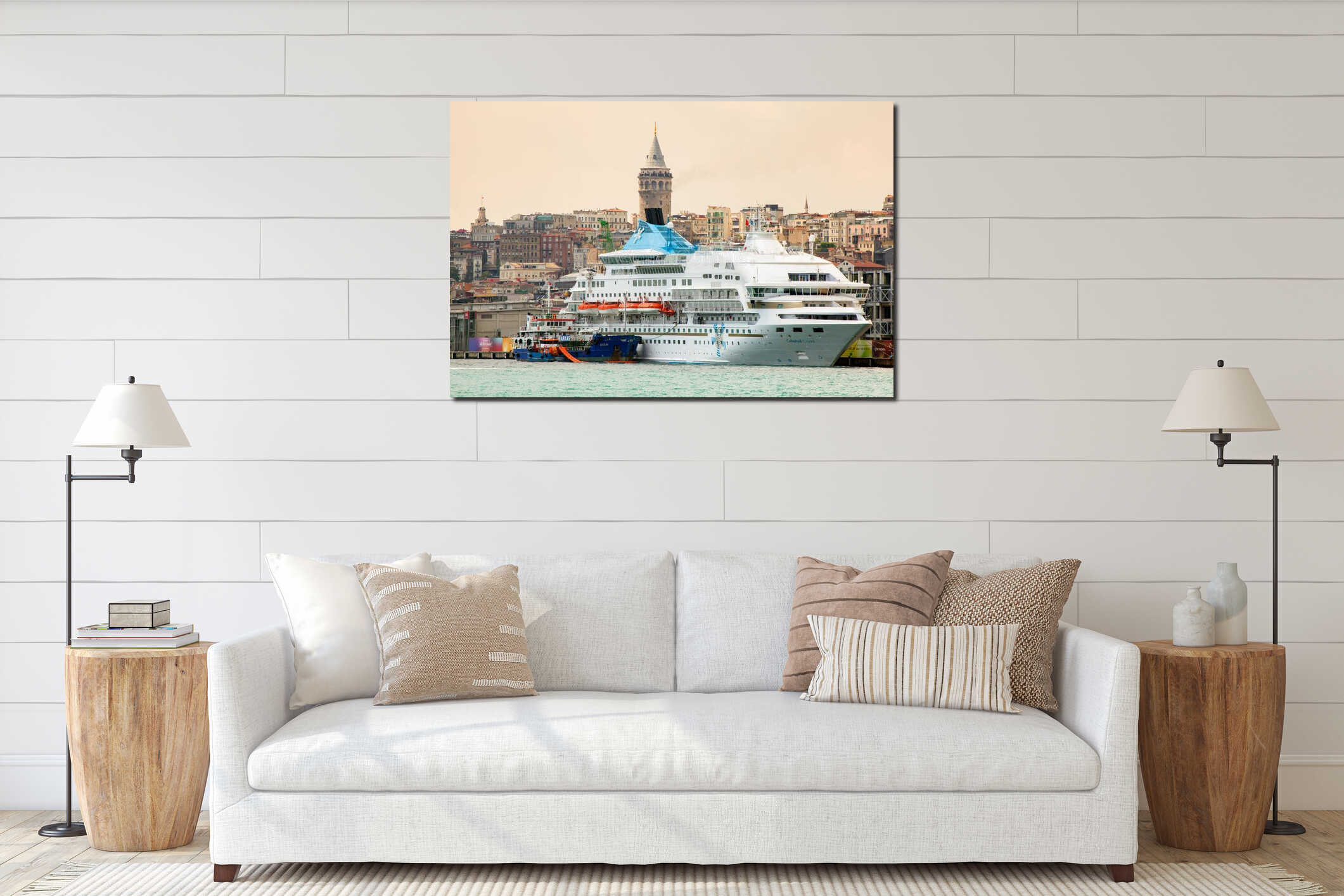 Celestyal Crystal cruise ship docked in Istanbul. Historical Galata Tower and buildings on the background. Popular tourism destina interior mockup
