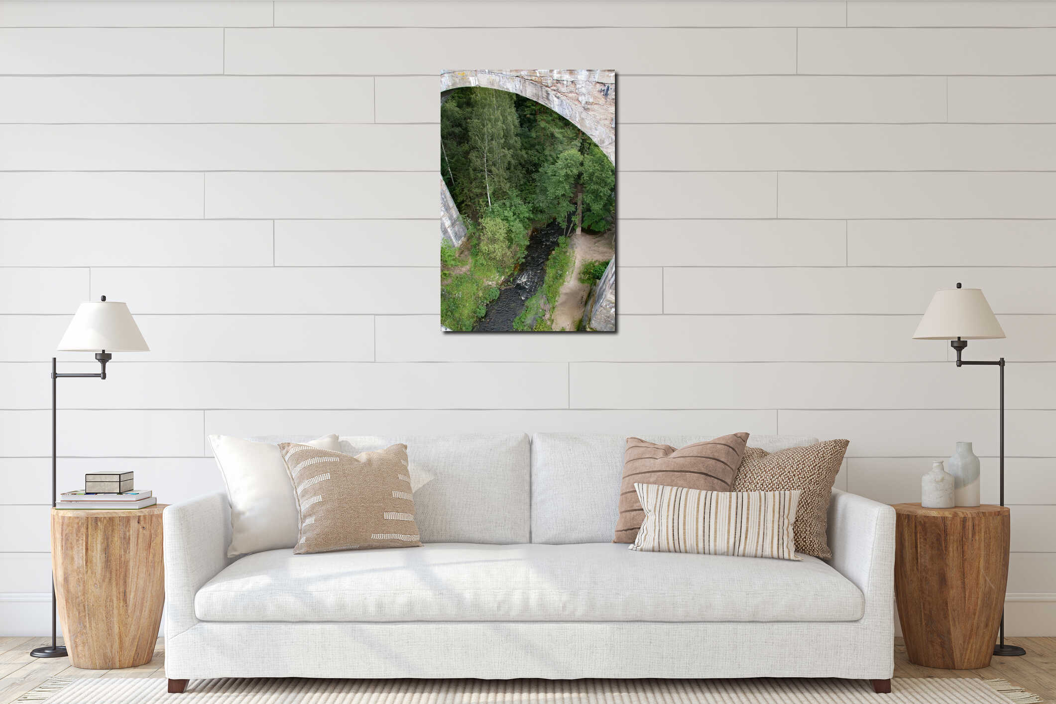 Small Bledzianka river flowing under the historical railway bridge in Stanczyki, Mazury, Poland interior mockup