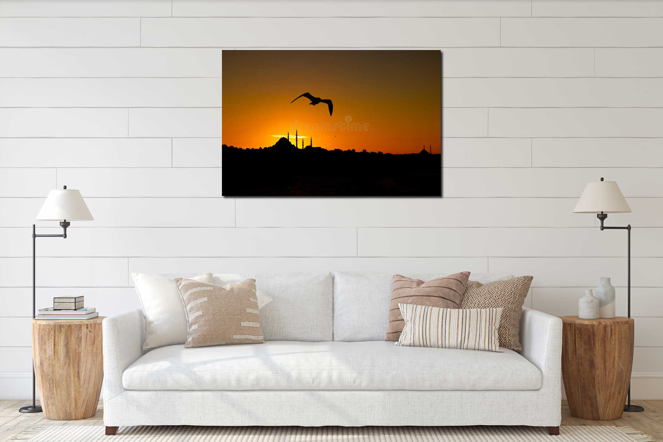 Istanbul view at sunset. Suleymaniye Mosque and seagull. interior mockup