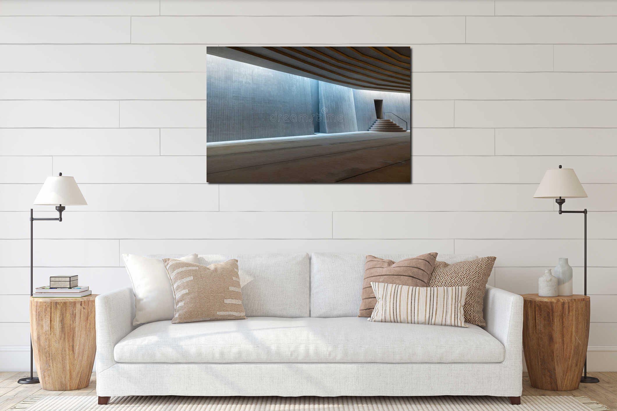 Modern mosque architecture. Minimalist design of minbar and mihrab of a mosque interior mockup