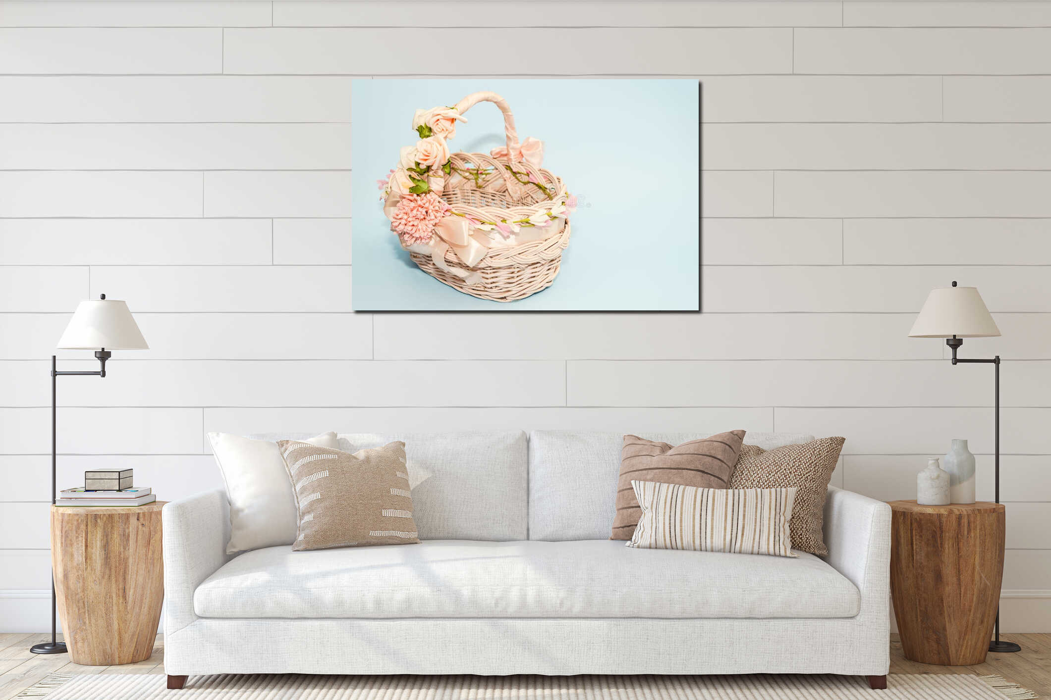 Empty easter basket decorated flowers and ribbon with blue background interior mockup