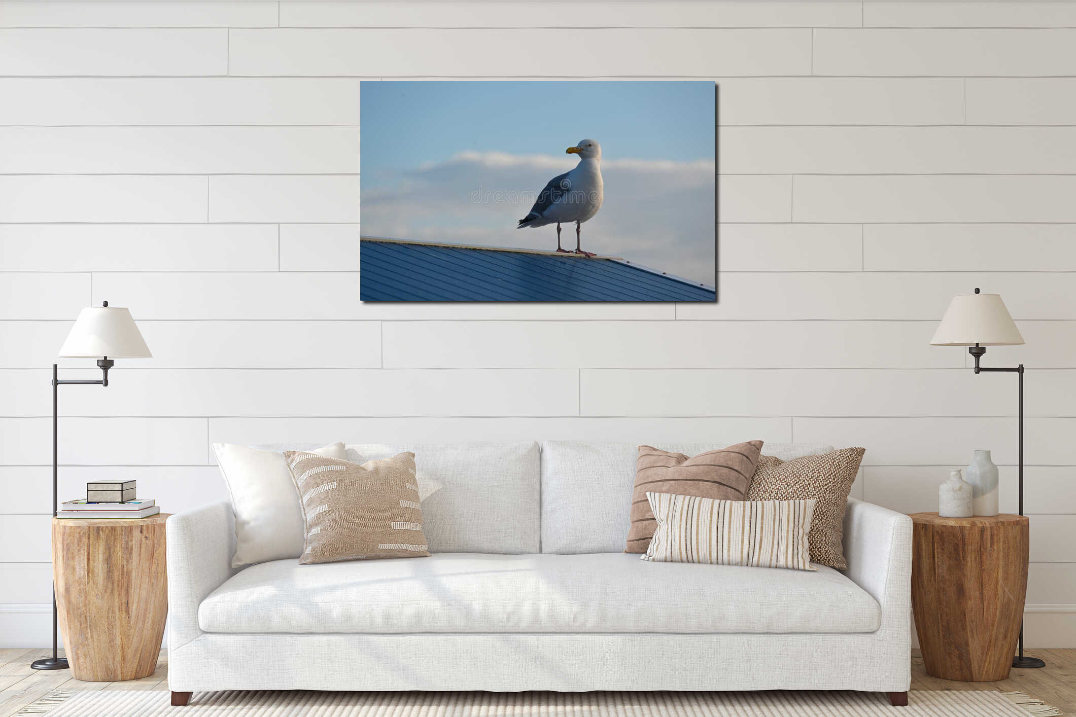 A seagull standing on a roof interior mockup