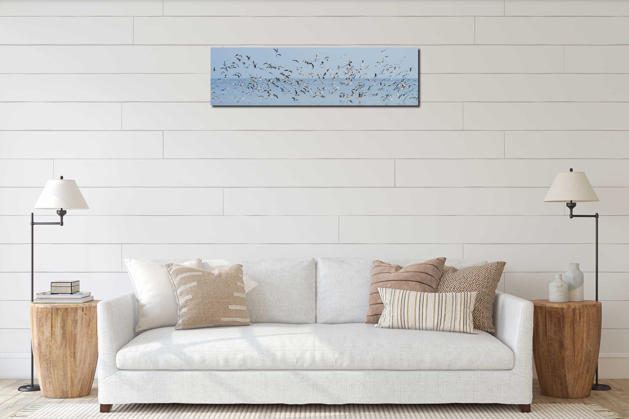 Wildlife panorama, background banner and texture of Larus Charadriiformes or White Seagull on a sea, flies over the water. interior mockup