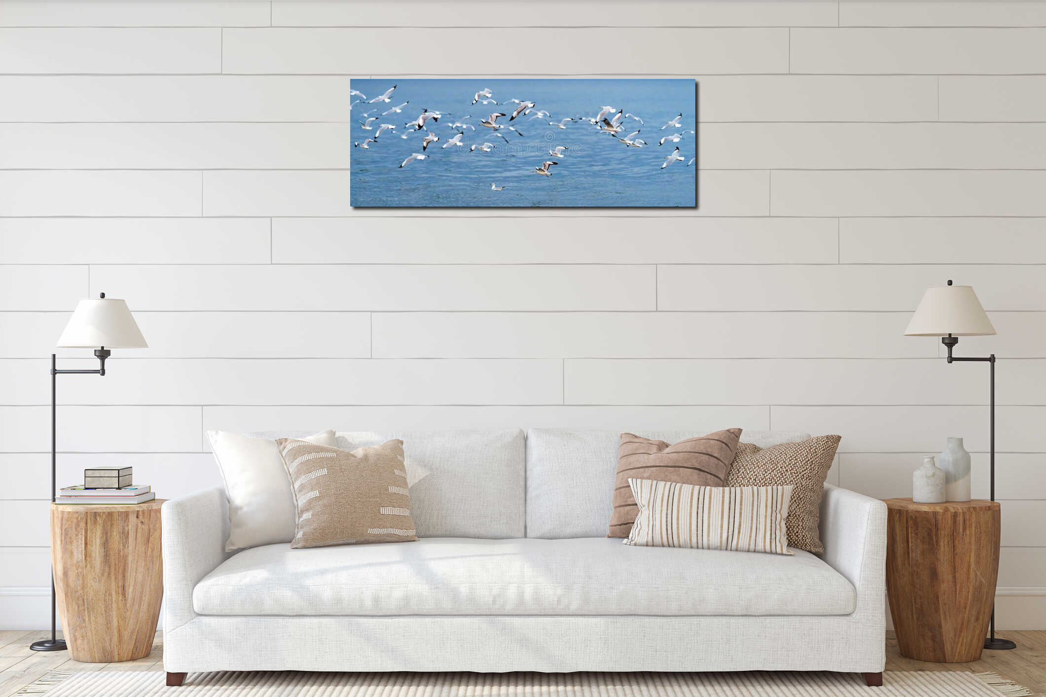 Wildlife panorama, background banner of Larus Charadriiformes or White Seagull on a sea, migration season, Population flying birds interior mockup