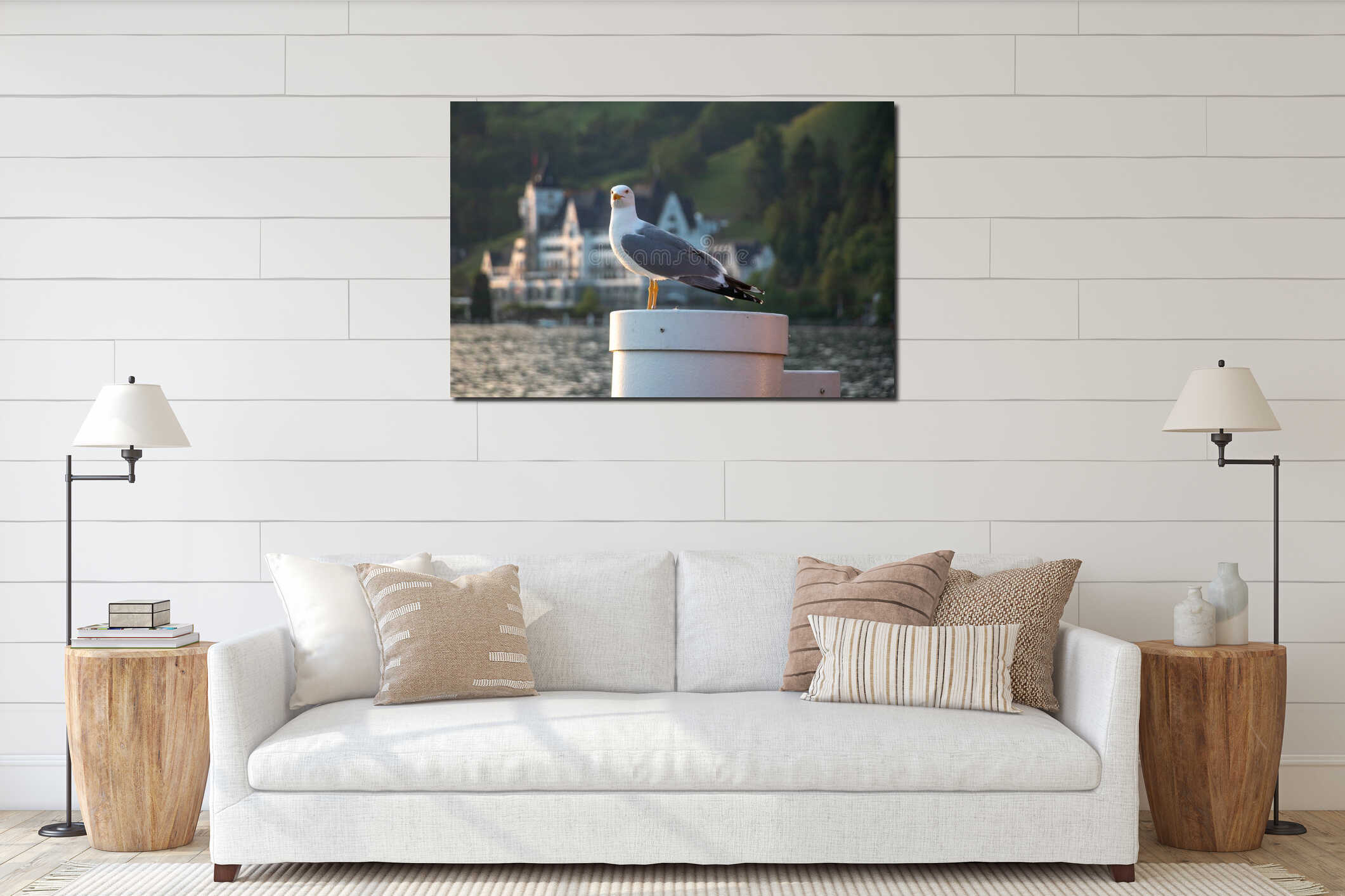 a seagull on a mast interior mockup