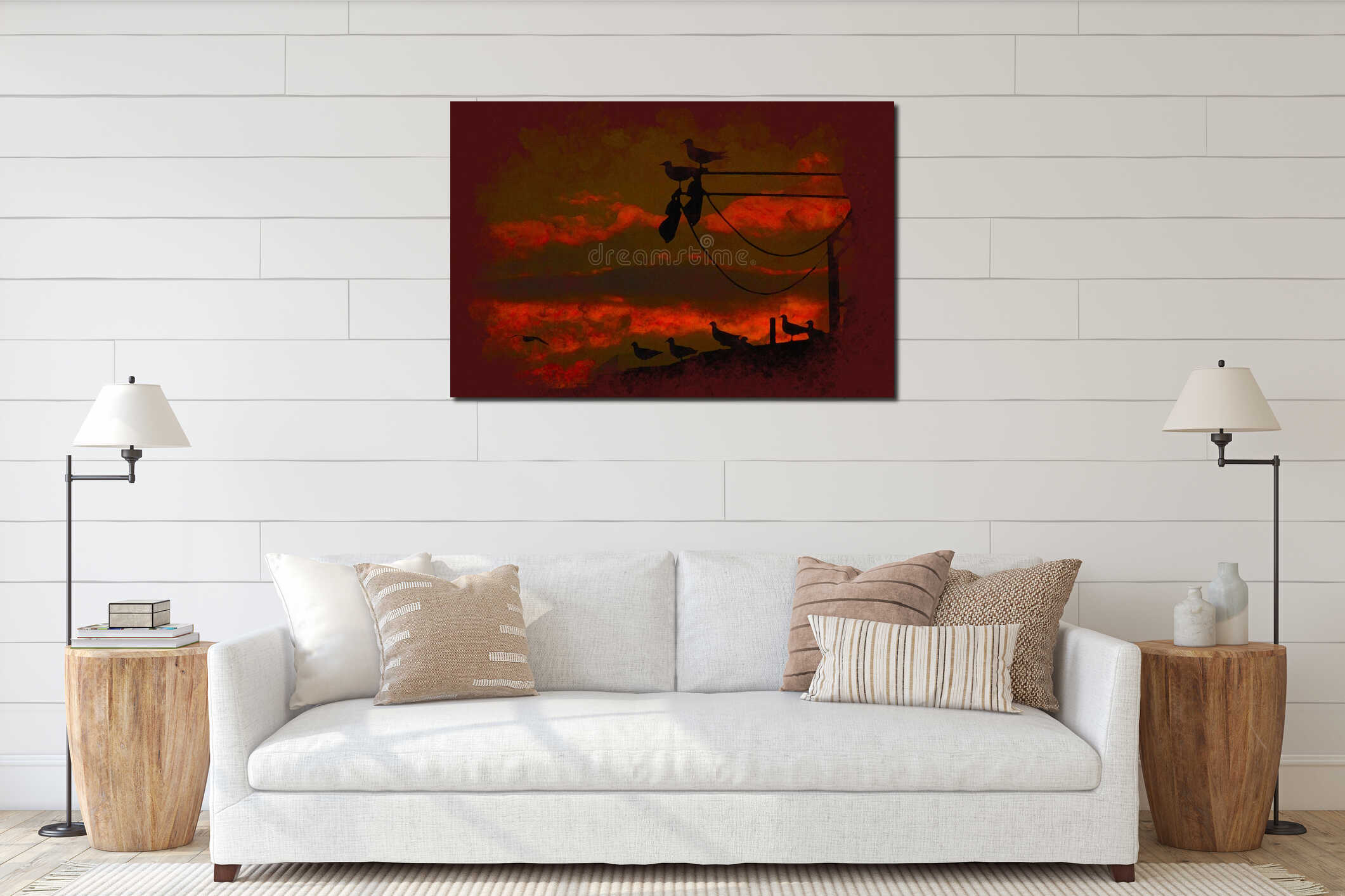 Watercolor art, silhouette of a perched seagull at sunset. interior mockup