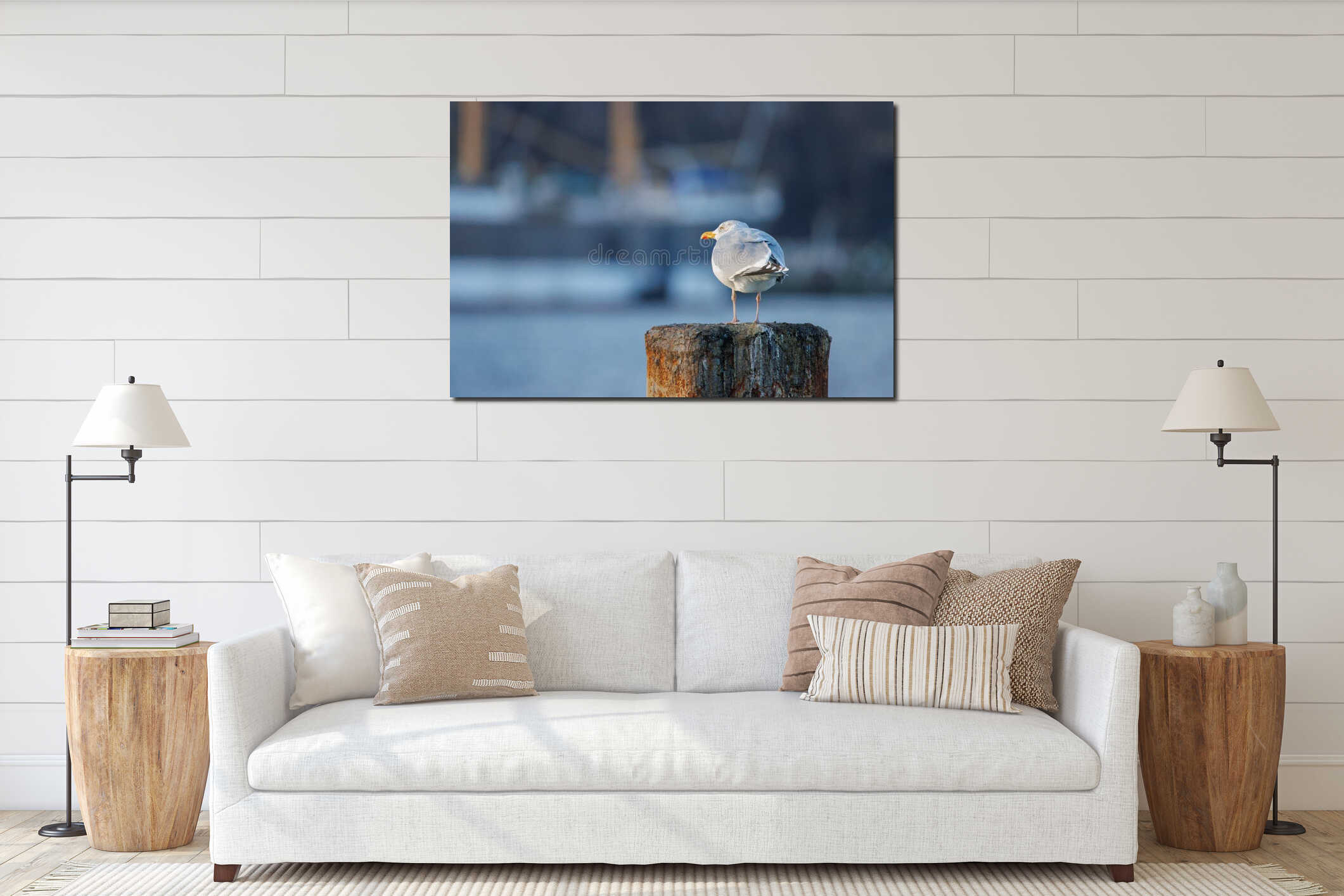 Portrait of a big seagull standing on a pillar interior mockup