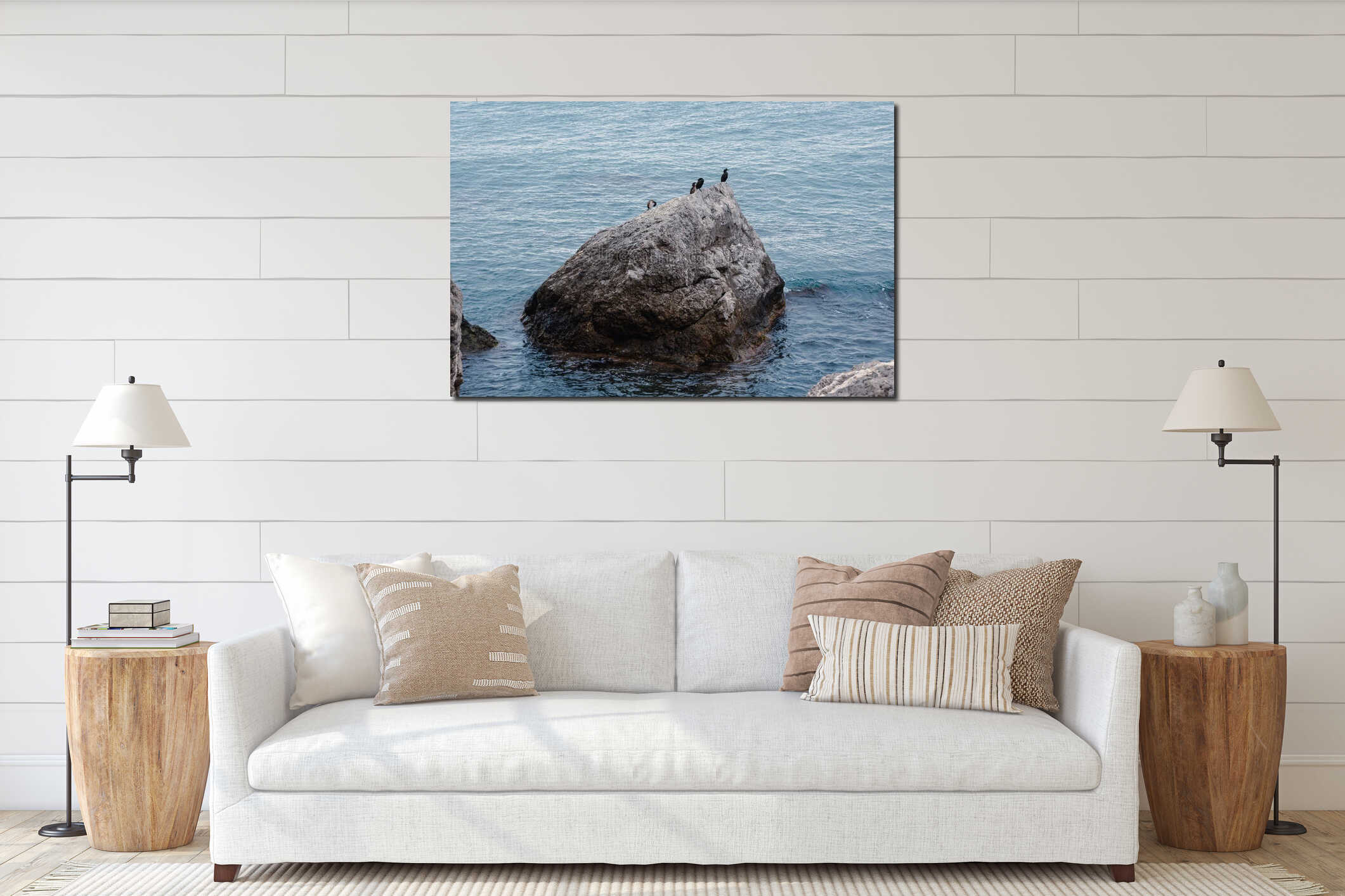 Few cormorants sitting on rock of in Cape Alchak. Crimea interior mockup