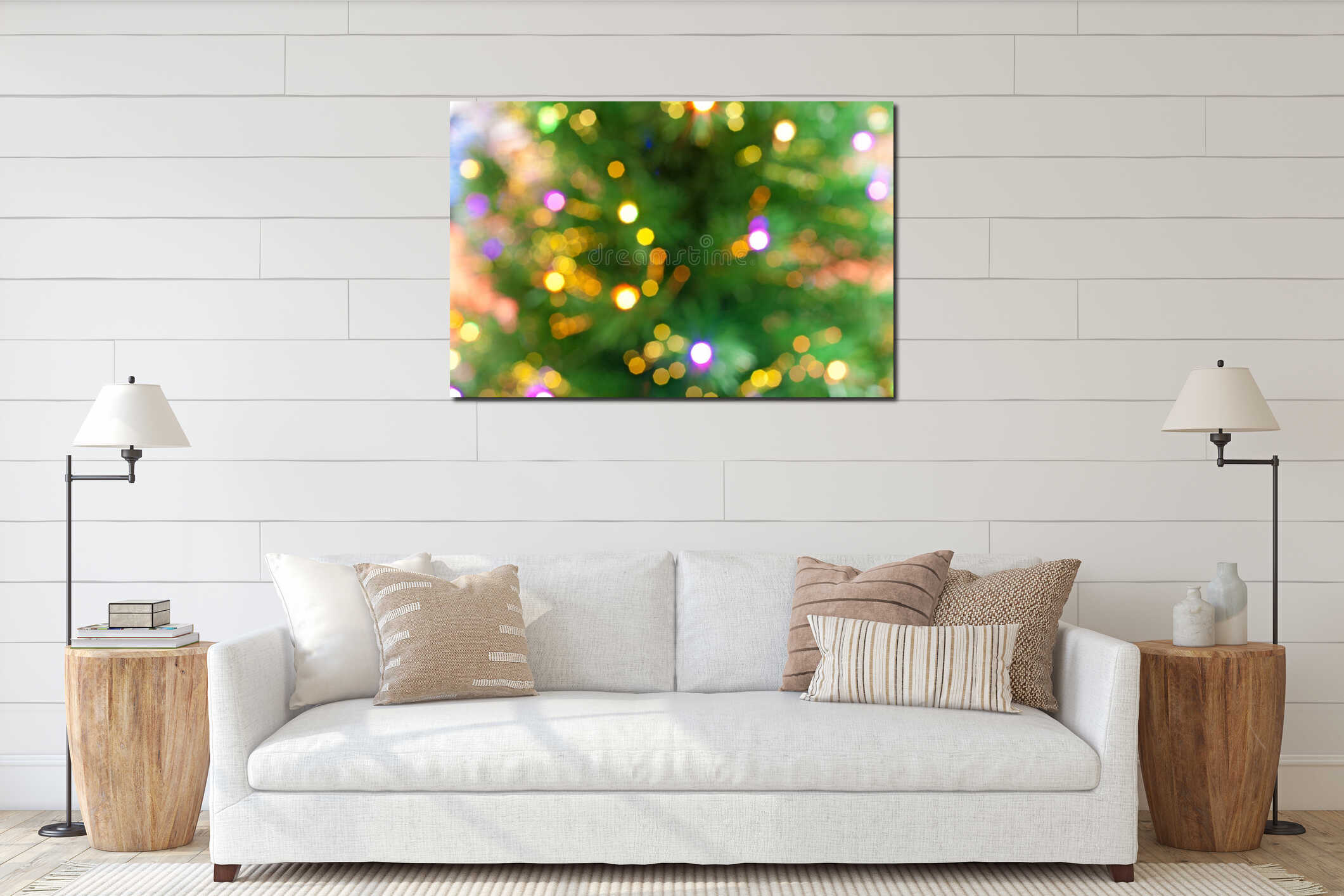 Christmas tree bokeh background interior mockup