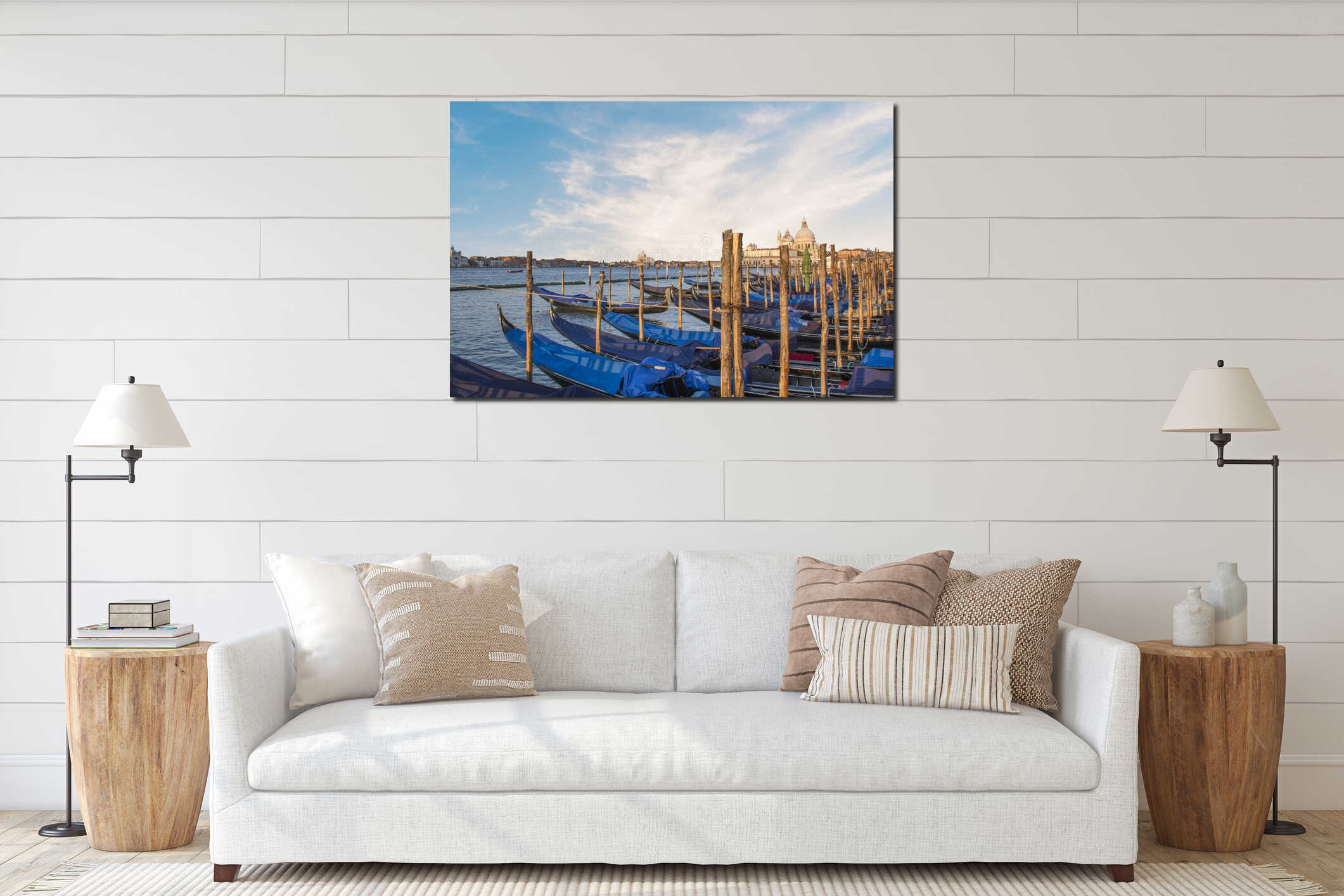 Beautiful view of Campanile Campanile in Piazza San Marco and the Venetian lagoon in Venice interior mockup