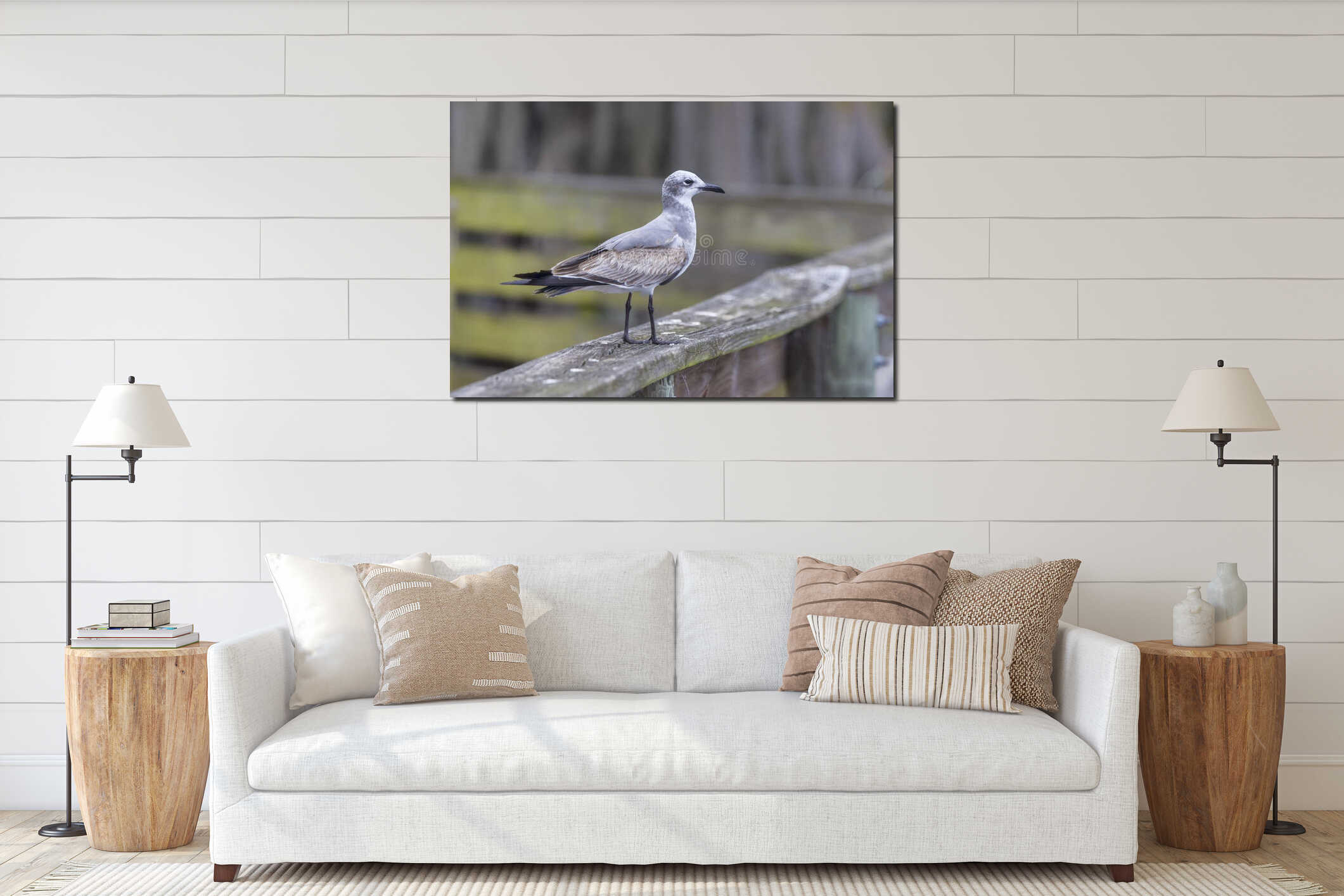 Seagull On A Wooden Rail interior mockup