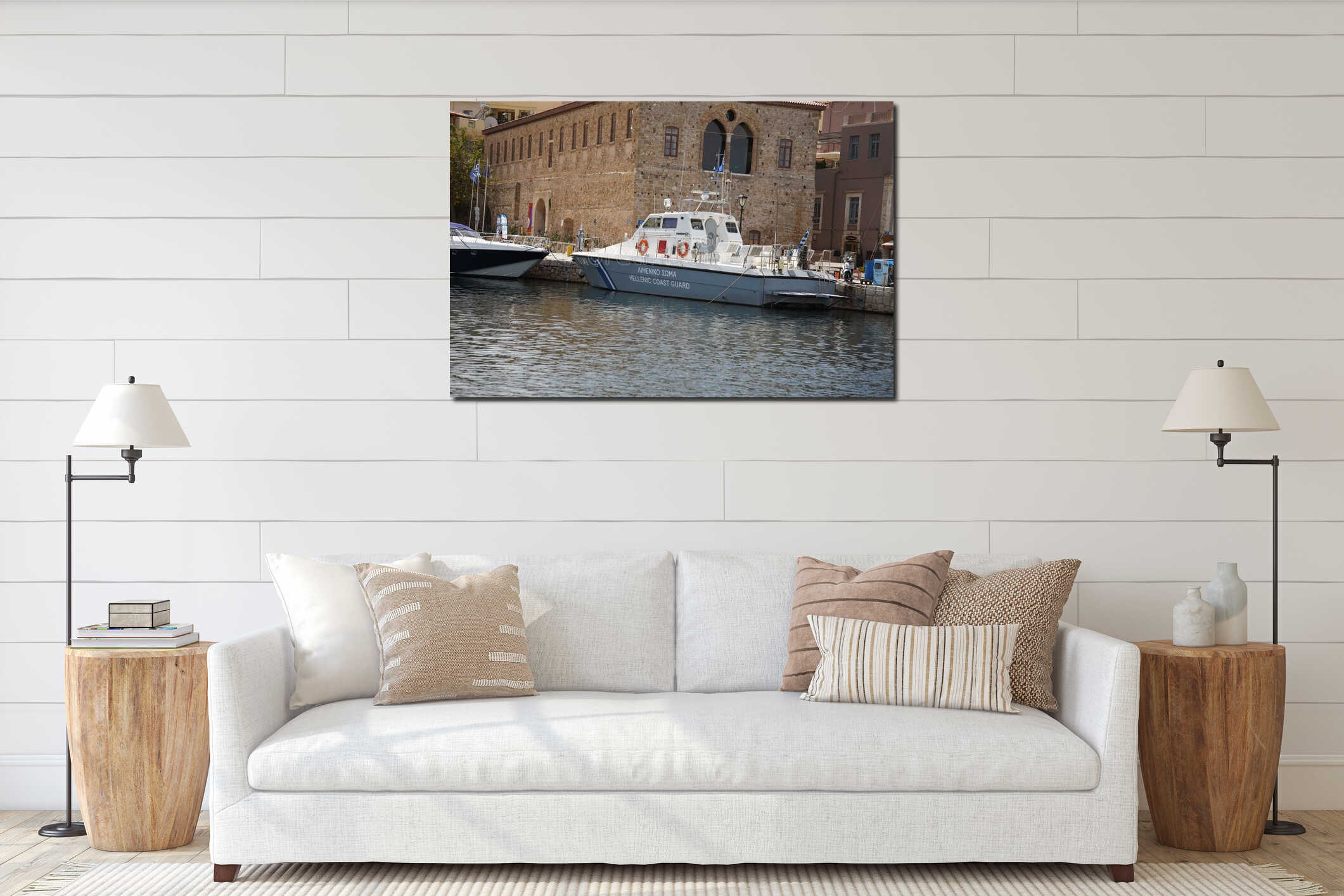 Boat of the Hellenic Coast Guard on the water surrounded by buildings in the harbor of Crete, Greece interior mockup
