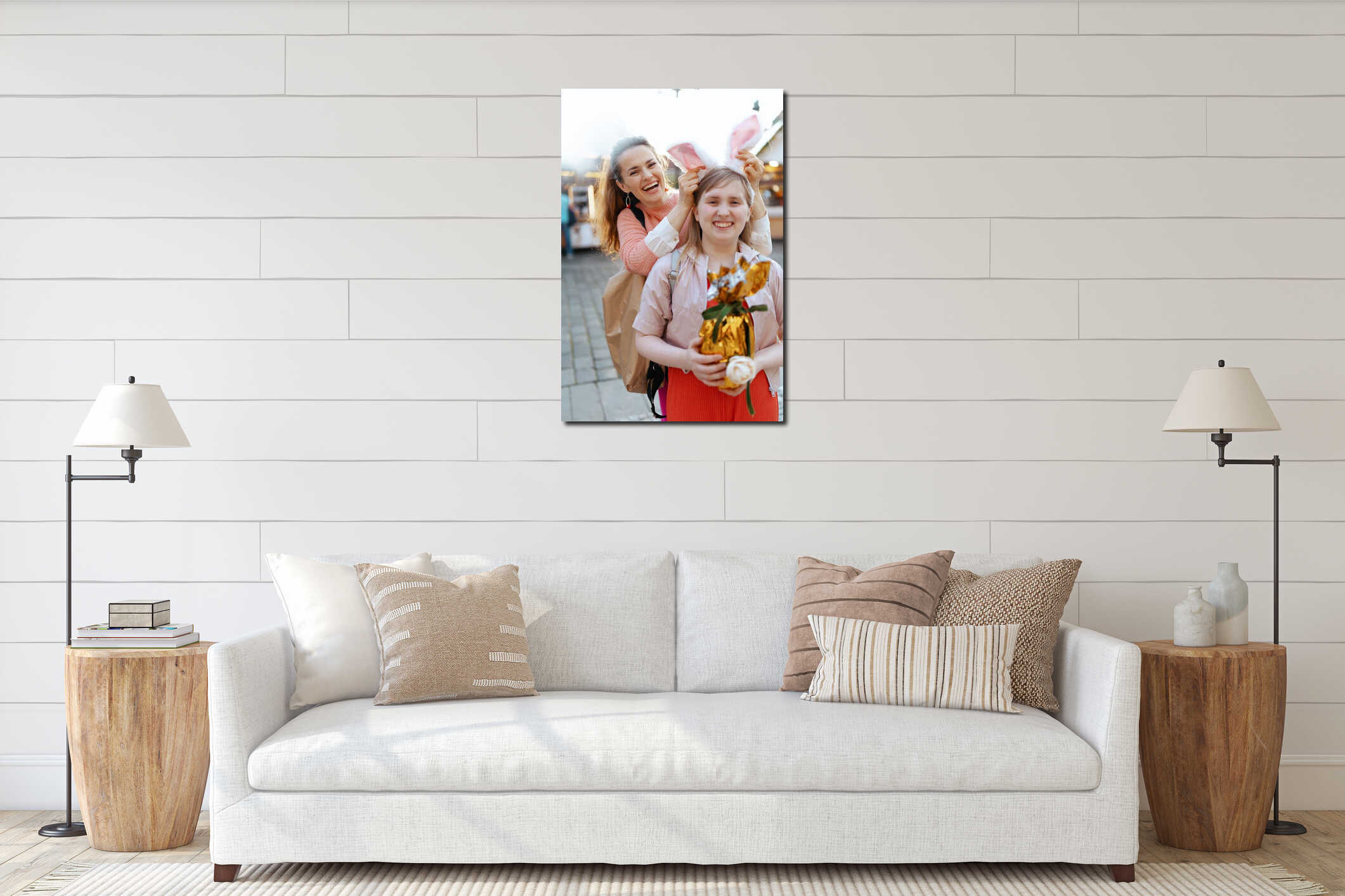 Portrait of smiling modern mother and child at fair in city interior mockup