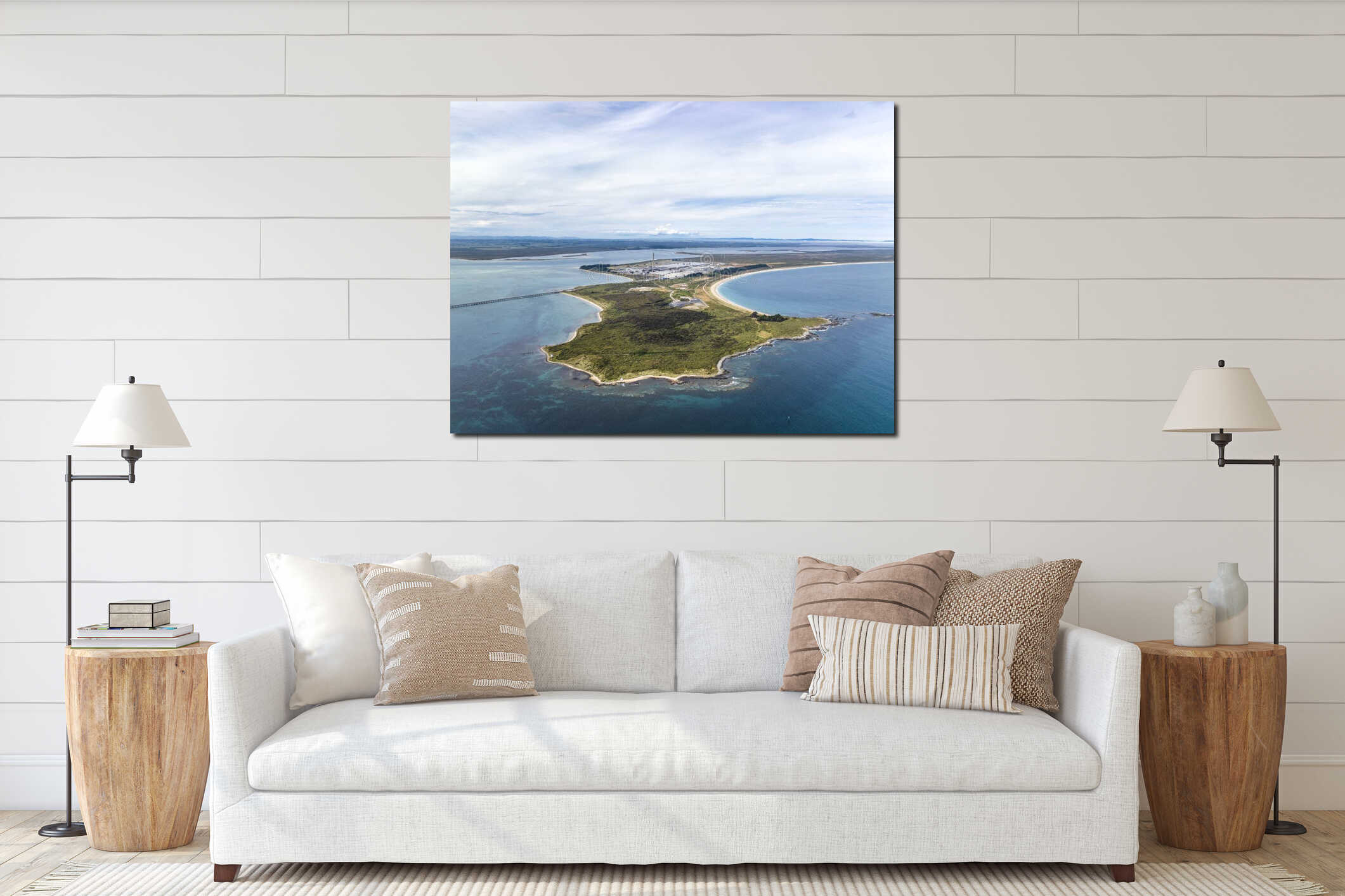 High angle aerial drone view of Tiwai Point. New Zealand. It is known for a large industrial aluminium smelter. interior mockup