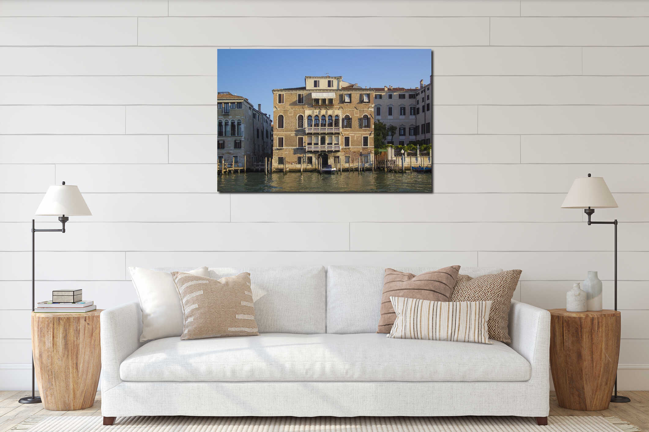 Beautiful view of Campanile Campanile in Piazza San Marco and the Venetian lagoon in Venice interior mockup