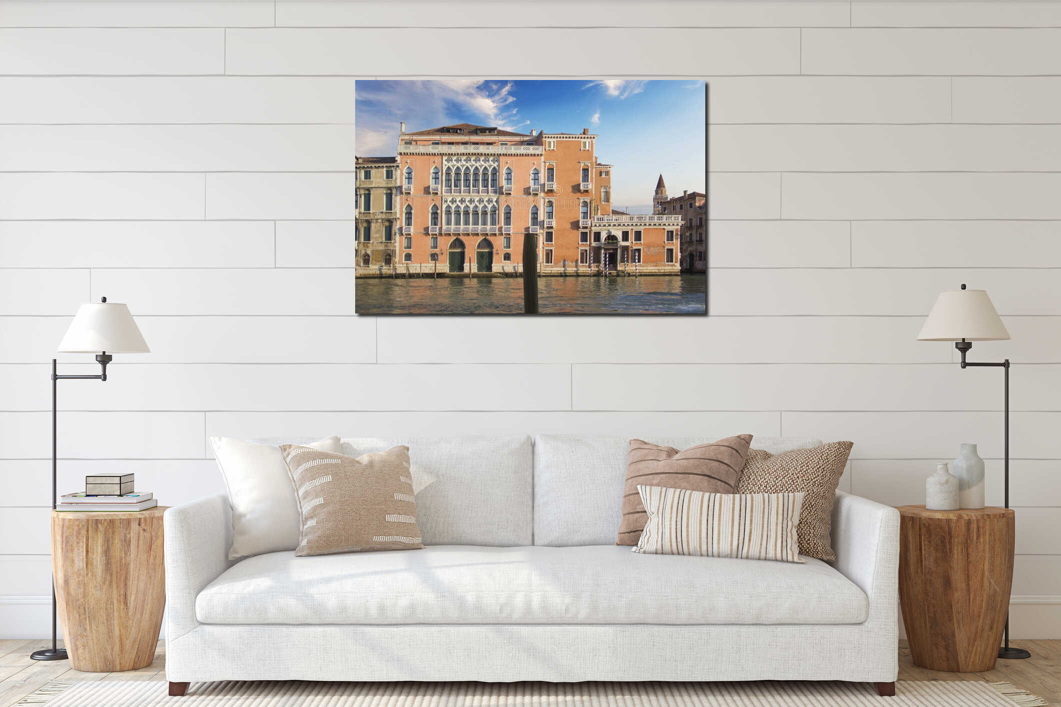 Beautiful view of Campanile Campanile in Piazza San Marco and the Venetian lagoon in Venice interior mockup