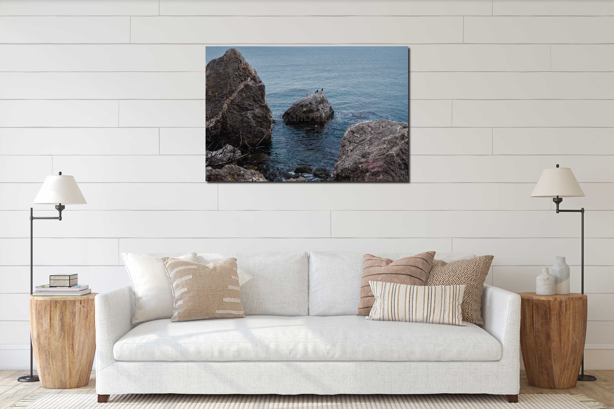 Few cormorants sitting on rock of in Cape Alchak. Crimea interior mockup