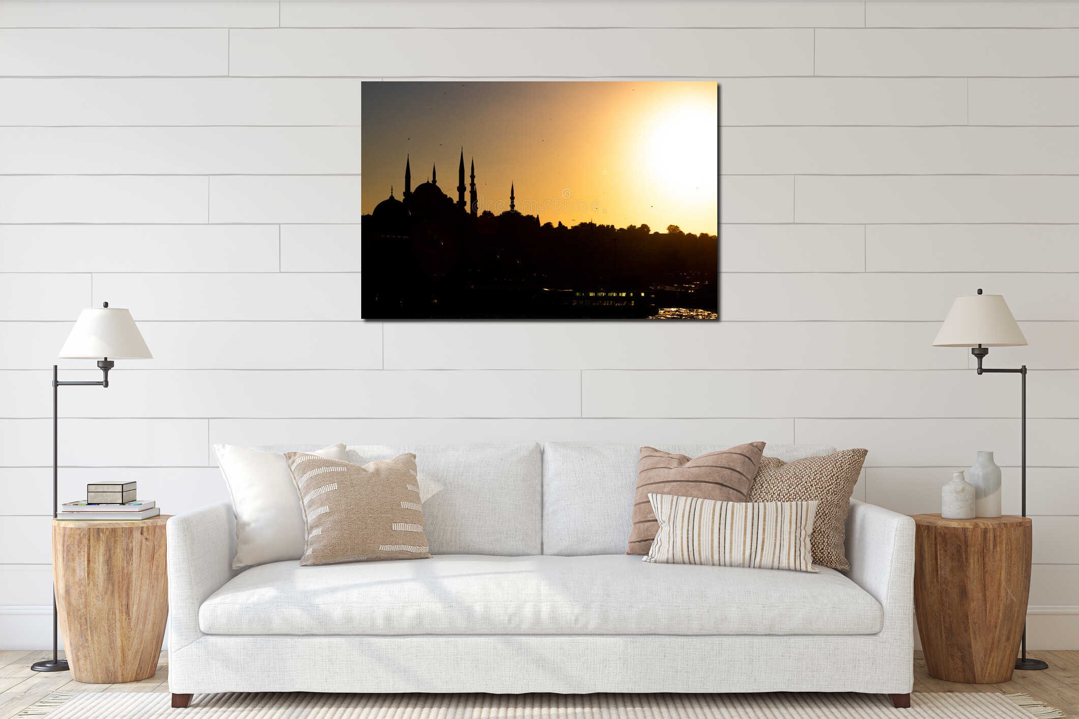 Silhouette of Suleymaniye and Eminonu Yeni Mosques at sunset interior mockup