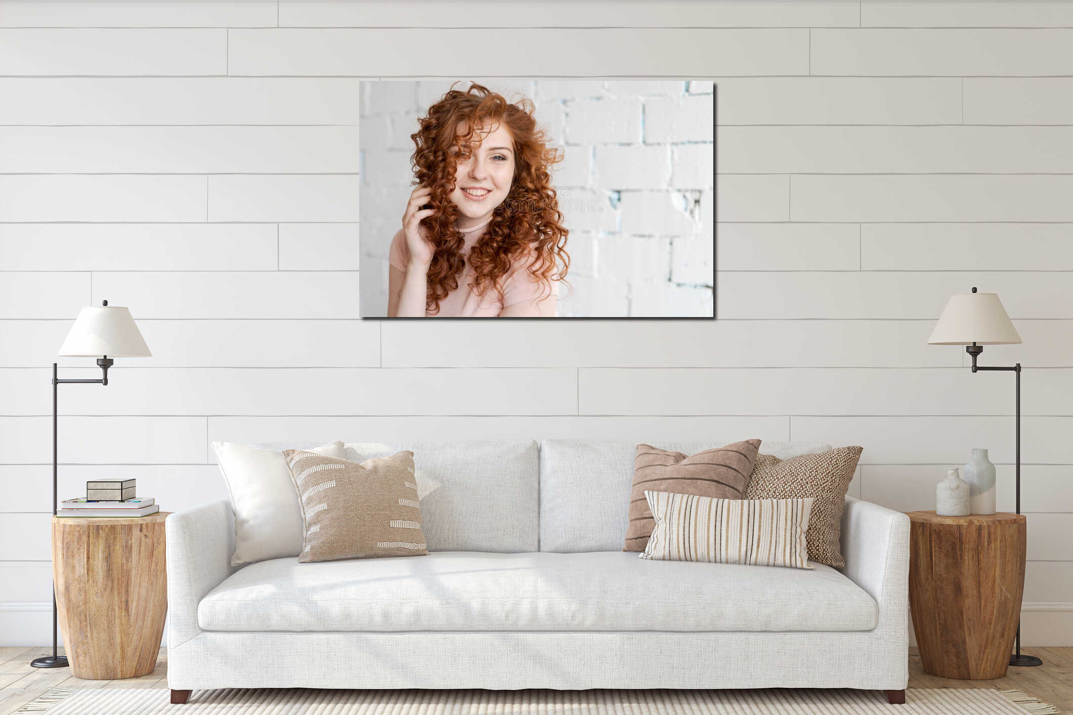 Portrait happy modern woman, beautiful girl with white smile with clear natural interior mockup