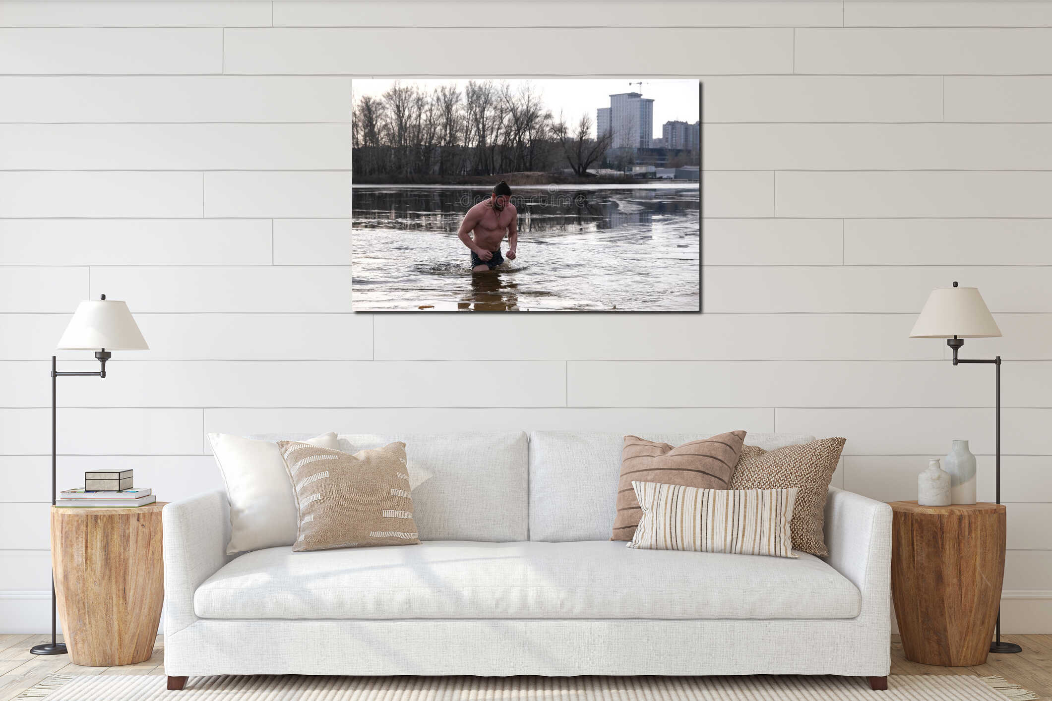 Winter swimming in ice water. January weather, Epiphany frosts and a man bathing. interior mockup
