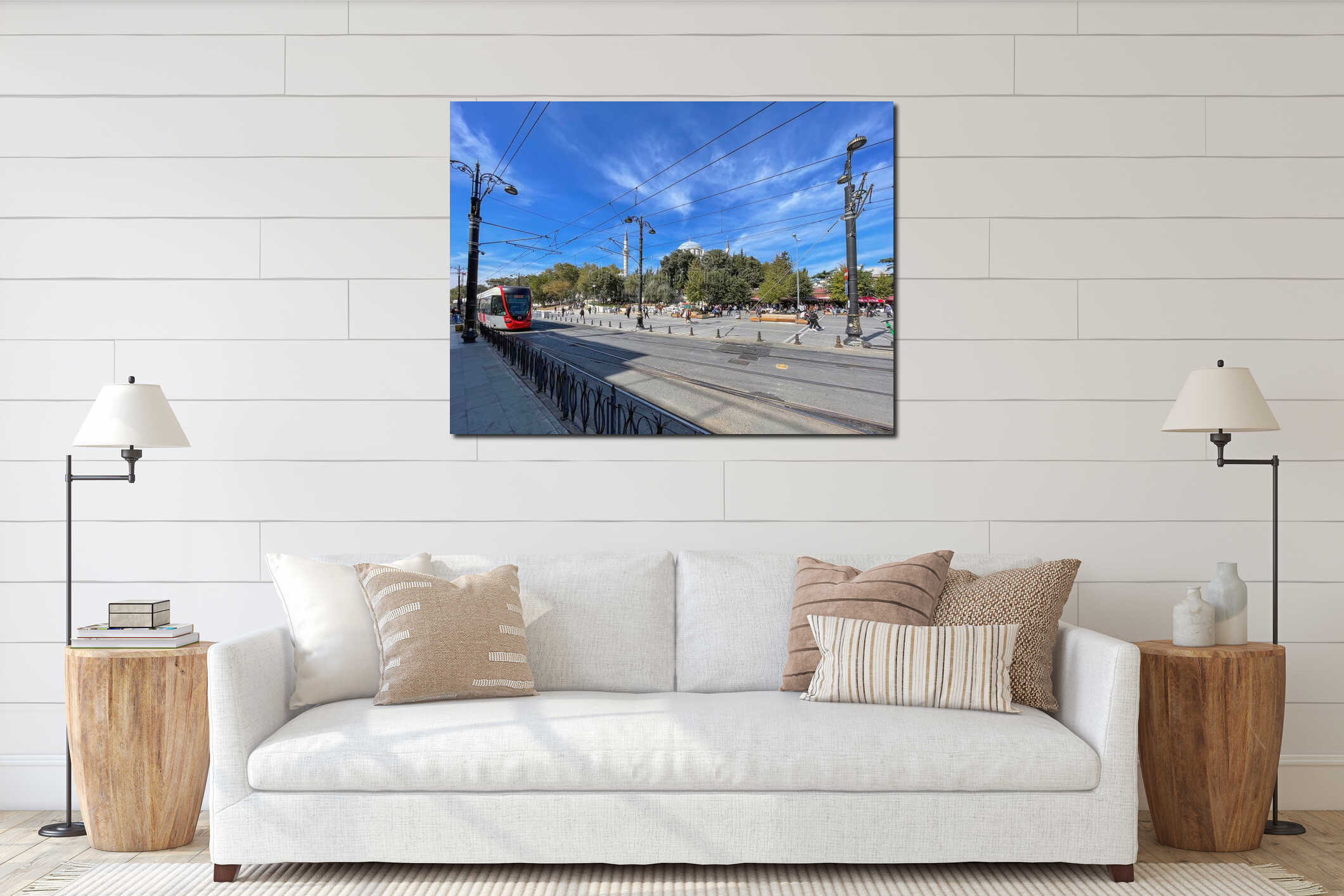 Tram on the streets of Istanbul Turkey with the Beyazit Camii mosque in background on a sunny day interior mockup