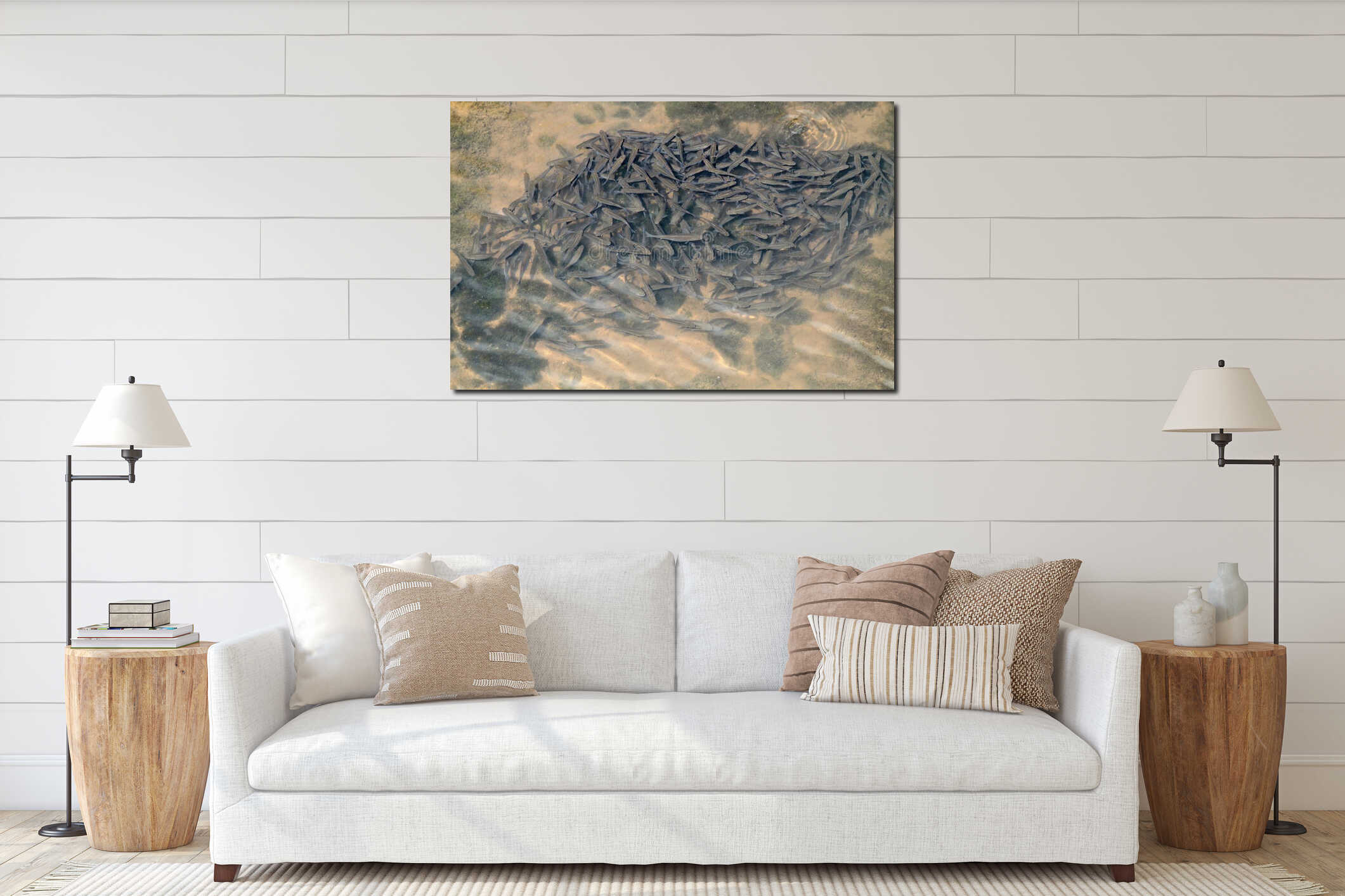 A school of fish swims in the shore water interior mockup