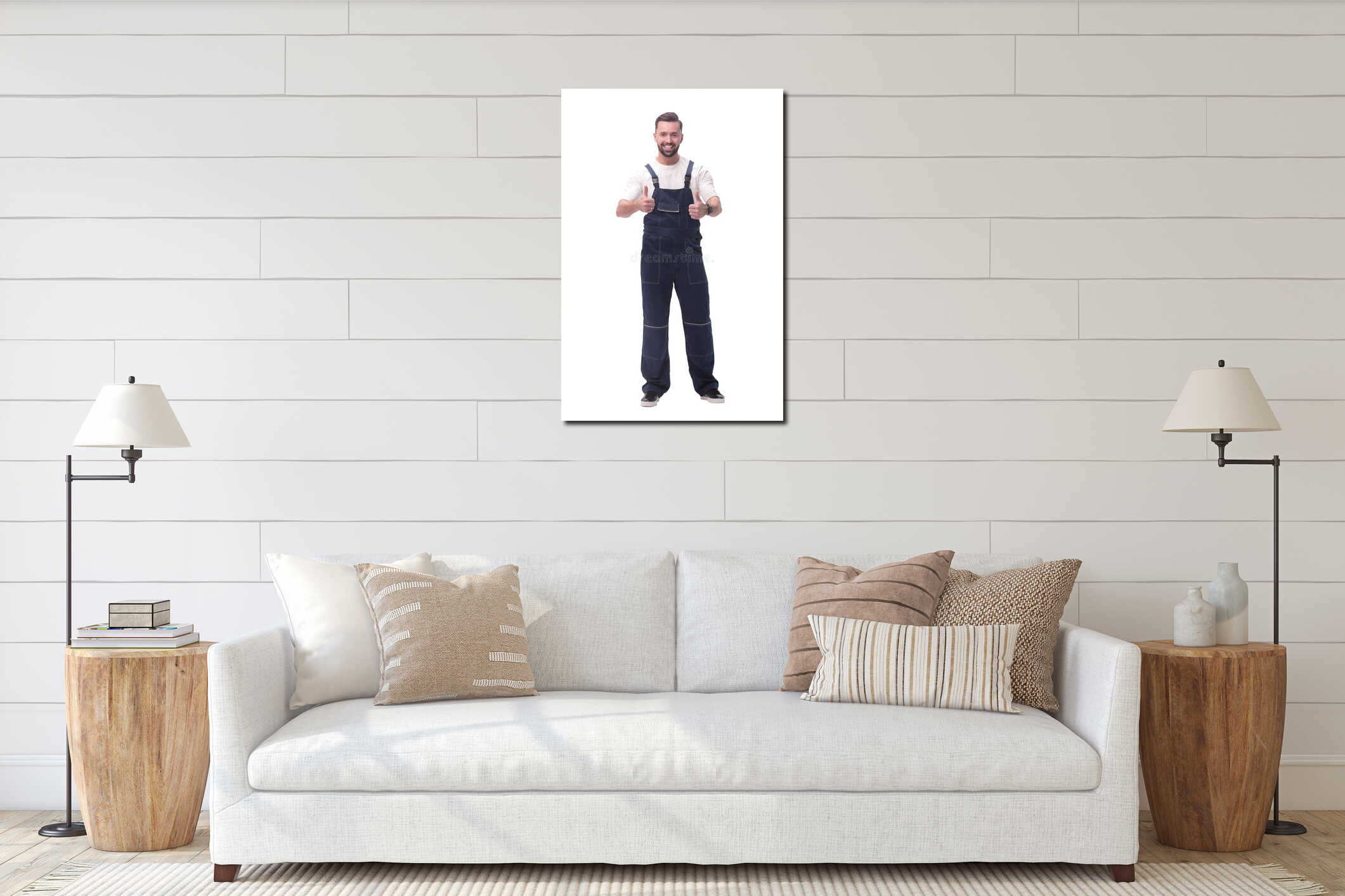 in full growth. friendly man in overalls showing thumbs up interior mockup
