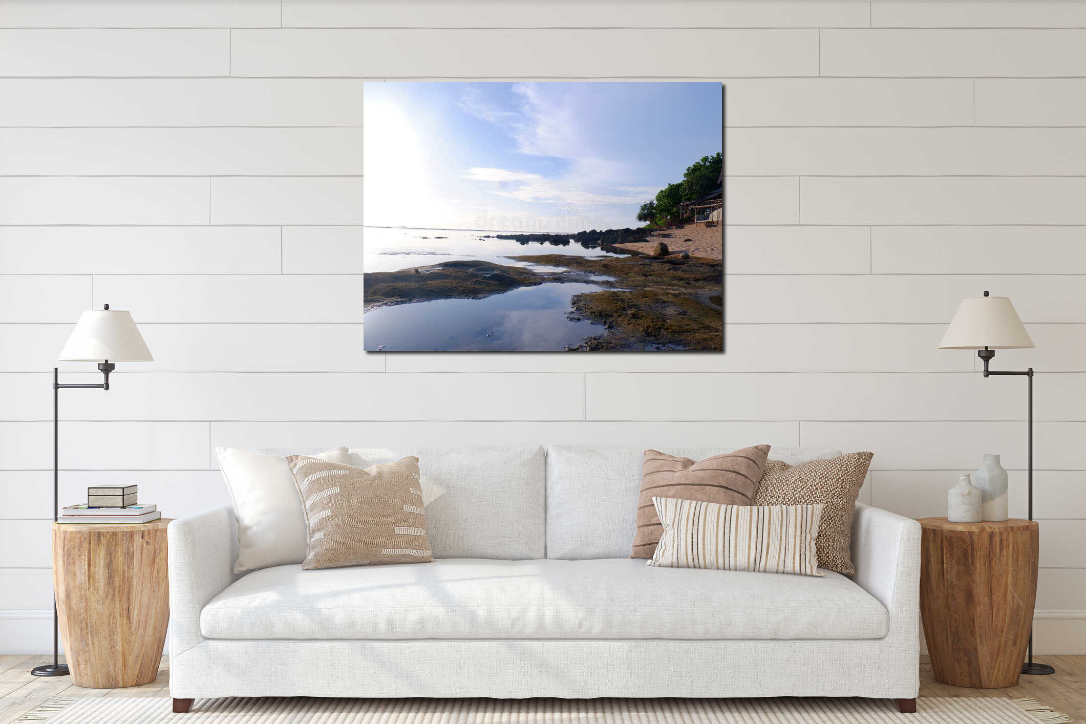 Blue beach view, blue sky, island and gorgeous green trees on tropical beach, Panoramic view interior mockup