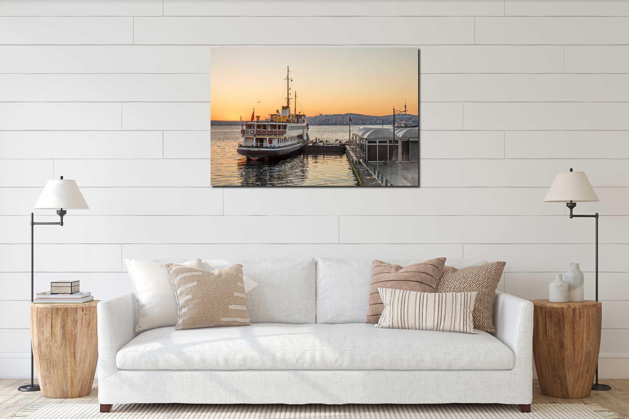 Ferry boat at Eminonu pier early in the morning, against the glowing sunrise in Istanbul, Turkey interior mockup