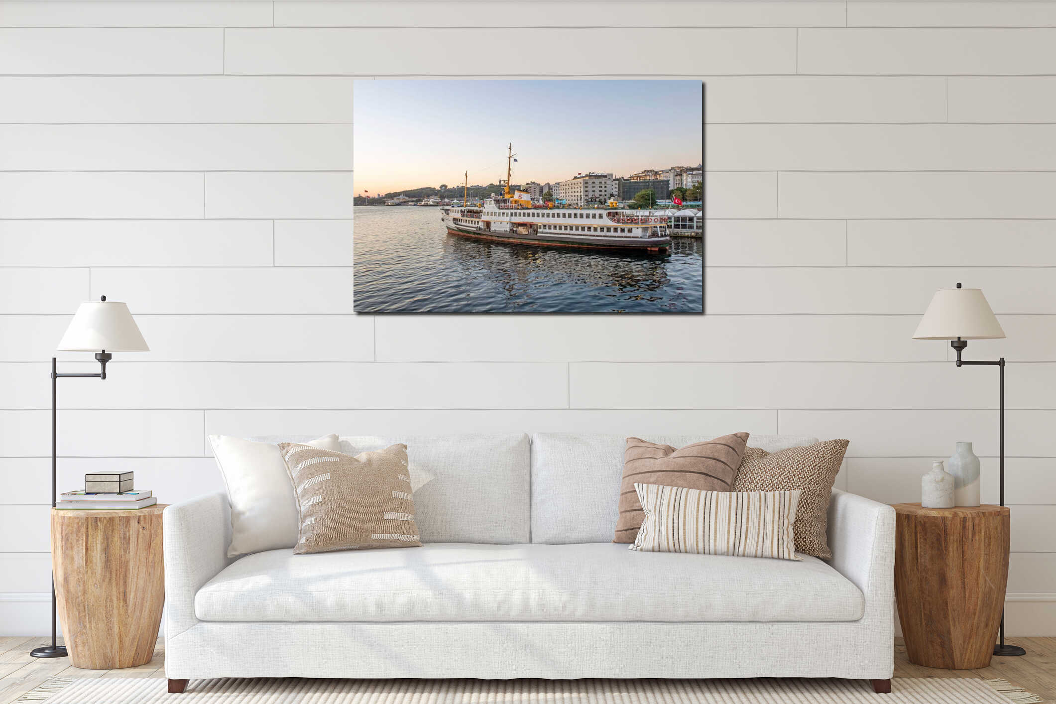 Ferry boat at Eminonu pier early in the morning, the symbol of sea transportation in Istanbul,Turkey interior mockup