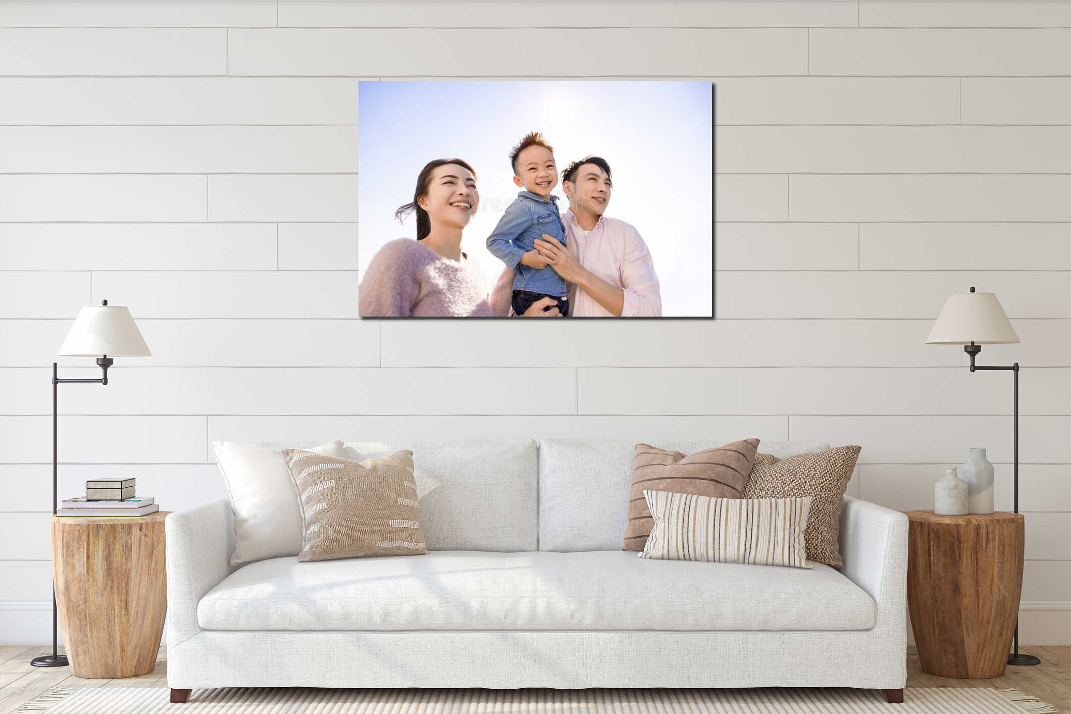 Closeup Happy Asian family and kid  face interior mockup
