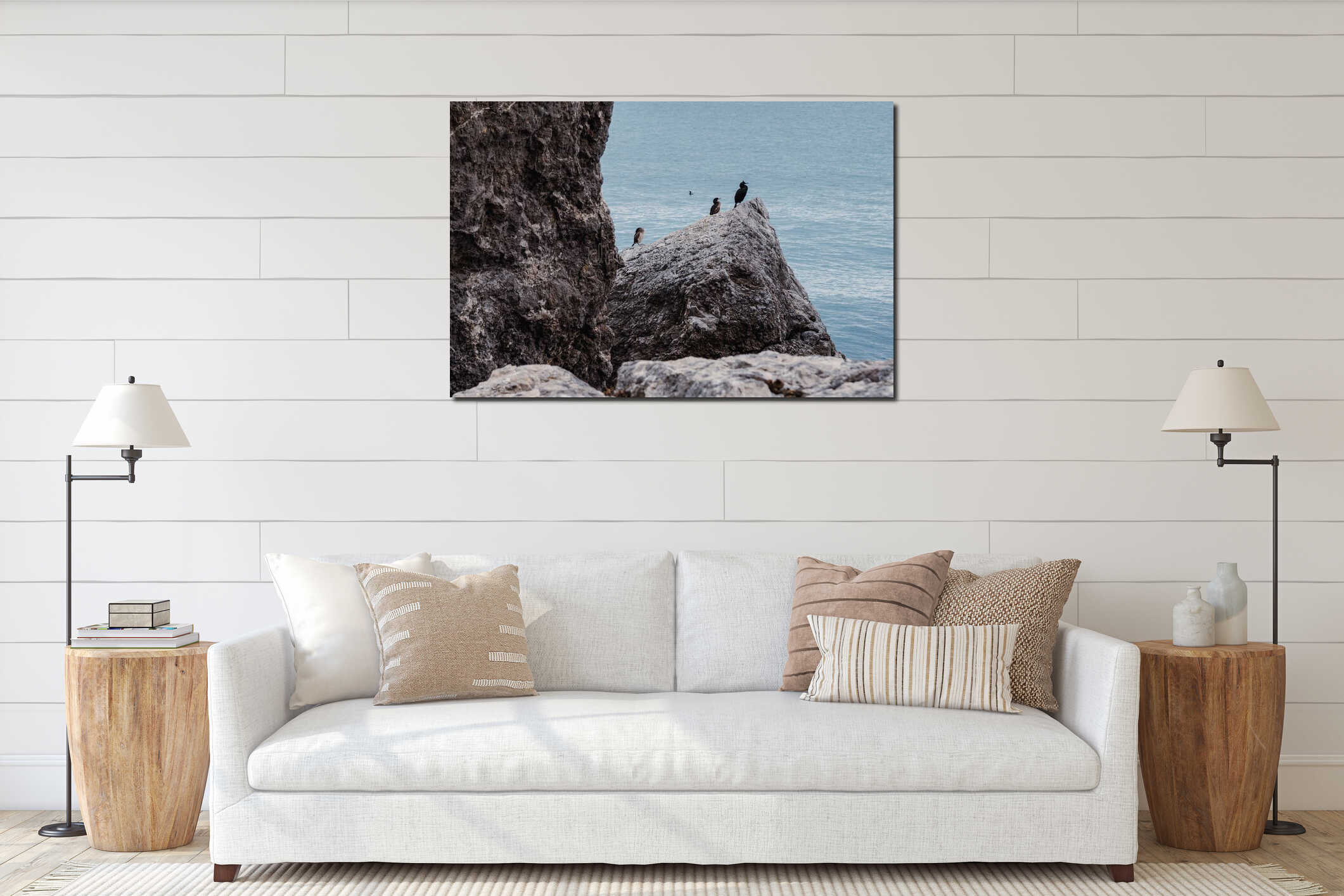 Few cormorants sitting on rock of in Cape Alchak. Crimea interior mockup