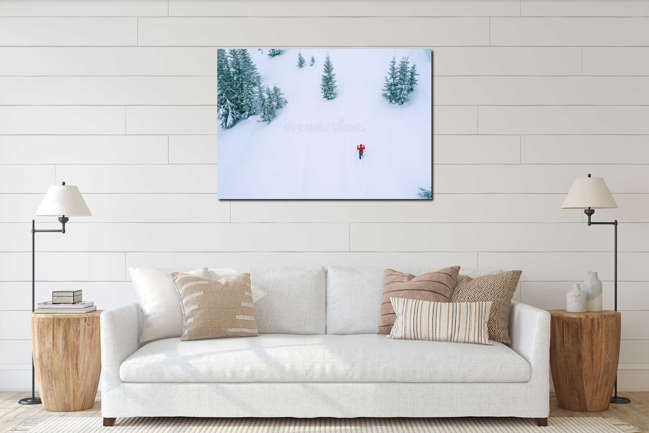 Lonely female trekker dressed red jacket with trekking poles walking by snowy slope flying drone aerial shot with fir-trees interior mockup