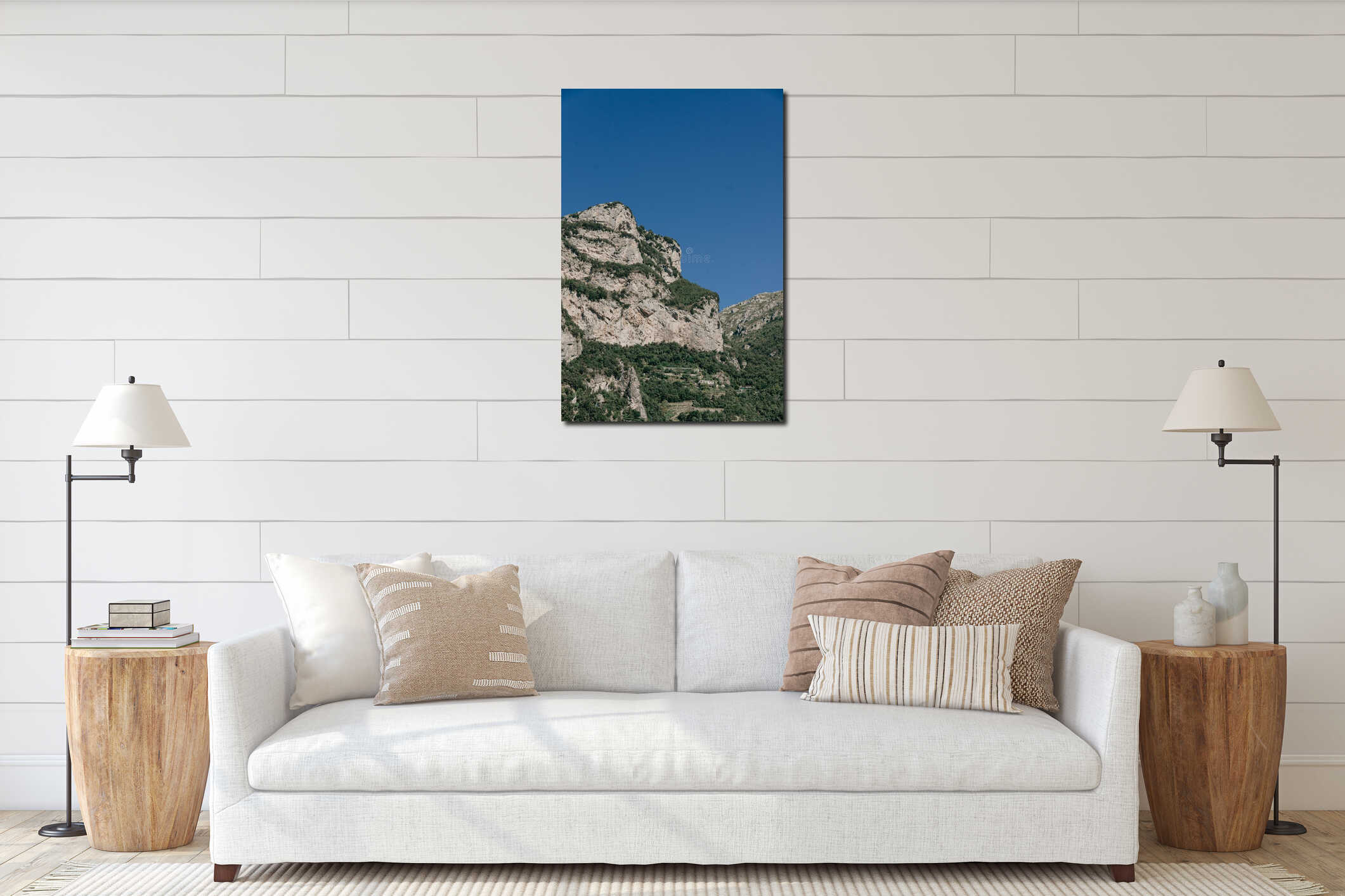 Low angle of green mountains of Positano against the blue sky of Amalfi coast, Campania in Italy interior mockup